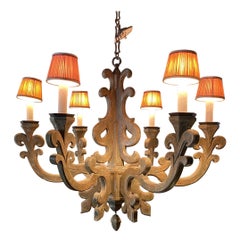 Spectacular Large Wooden Six Light Scrollwork Chandelier by Jerry Pair Lyon