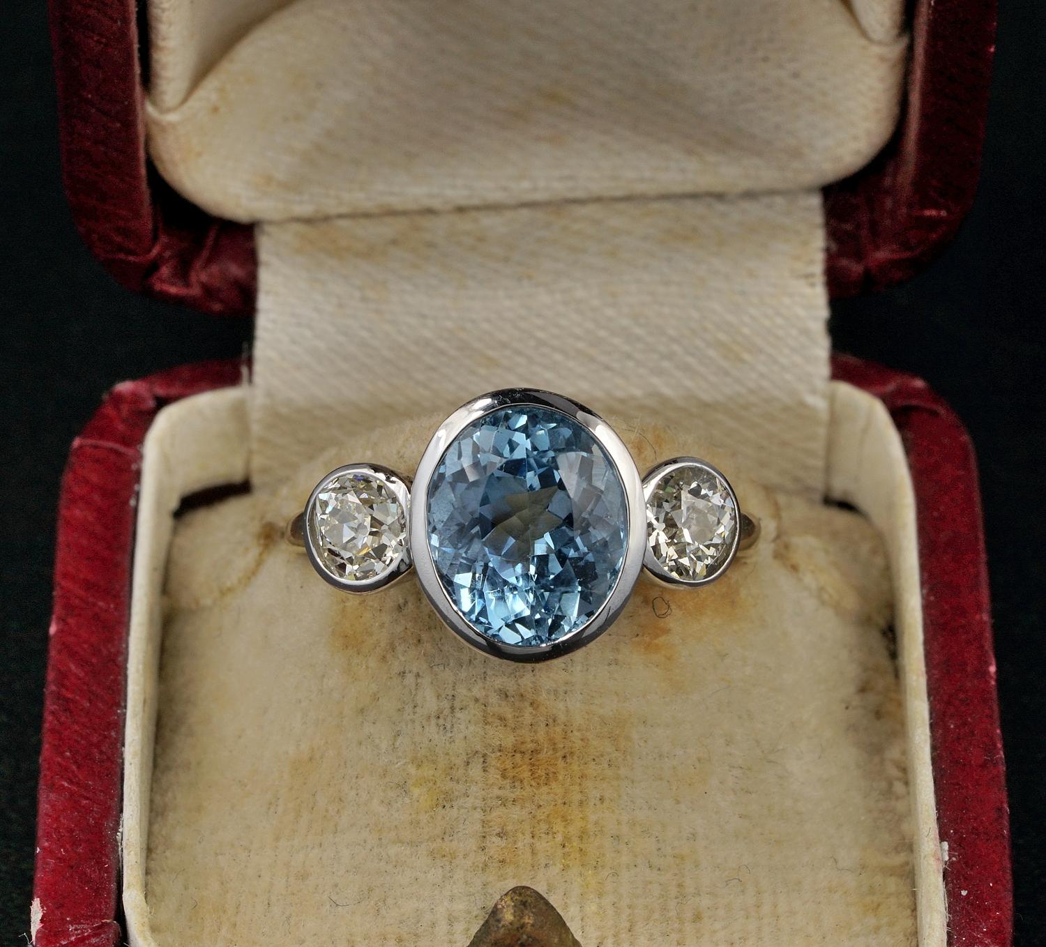 Blue as Sky

This beautiful Diamond Aquamarine ring if of simple but strongly effective style
It is late Art Deco piece, 1935/40 ca. Beautifully hand crafted of solid 18 KT gold internal finger shank is in yellow whilst the whole crown made in
