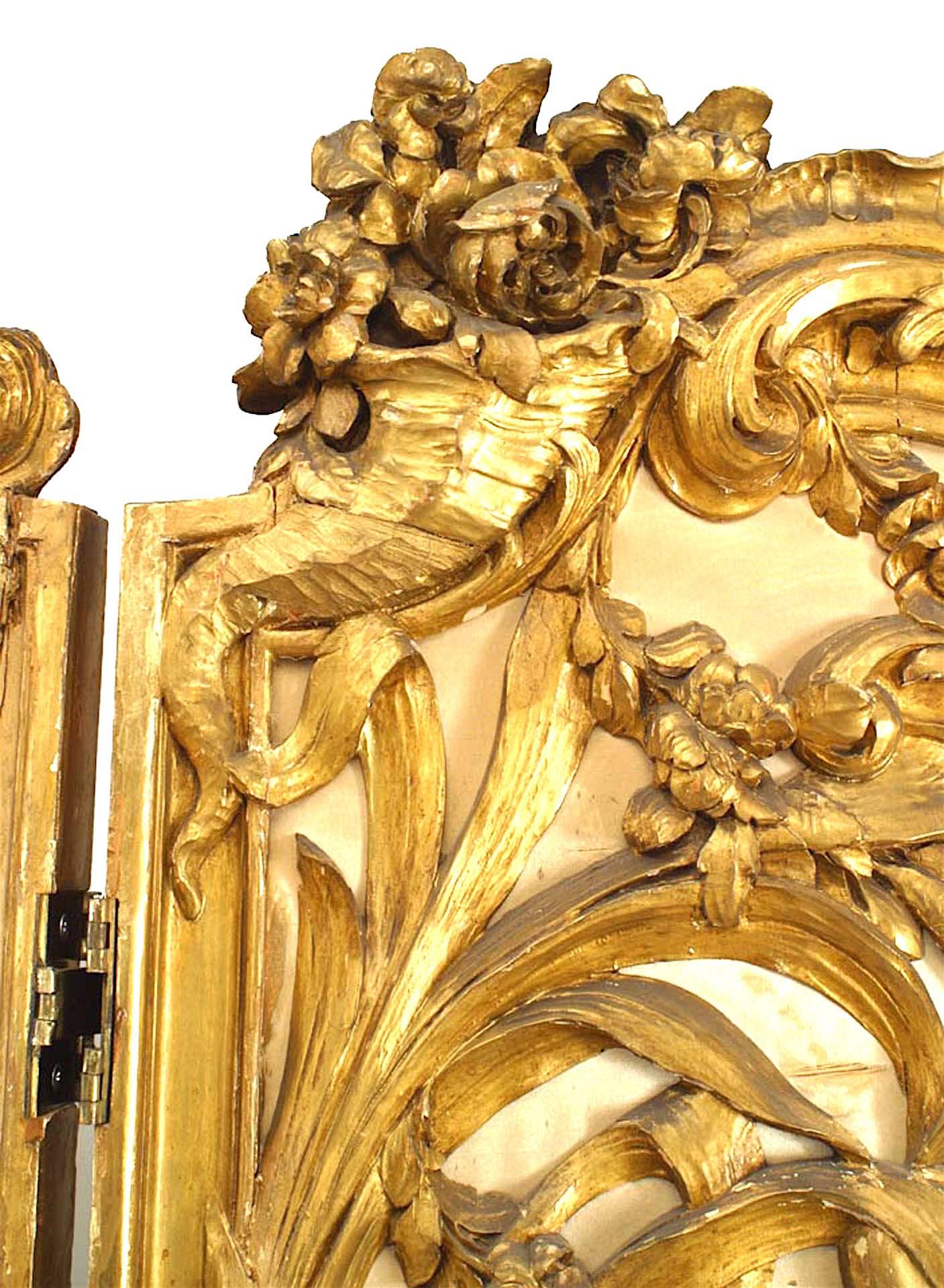 19th Century Louis XV Style Carved Gilt 3-Fold Screen with Embroidered Silk Panels For Sale