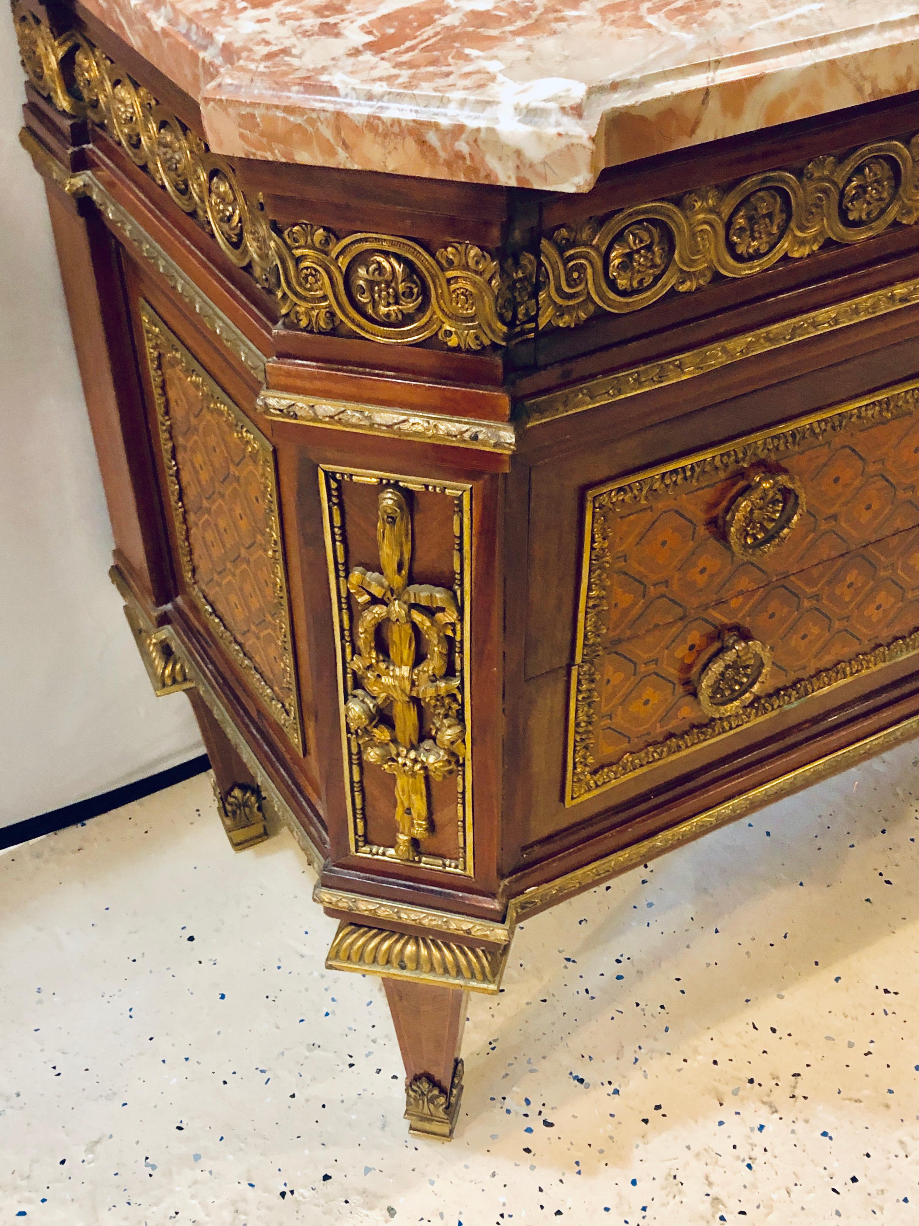 Spectacular Louis XVI Style Bronze-Mounted Marble Top Parquetry Commode / Chest In Good Condition In Stamford, CT
