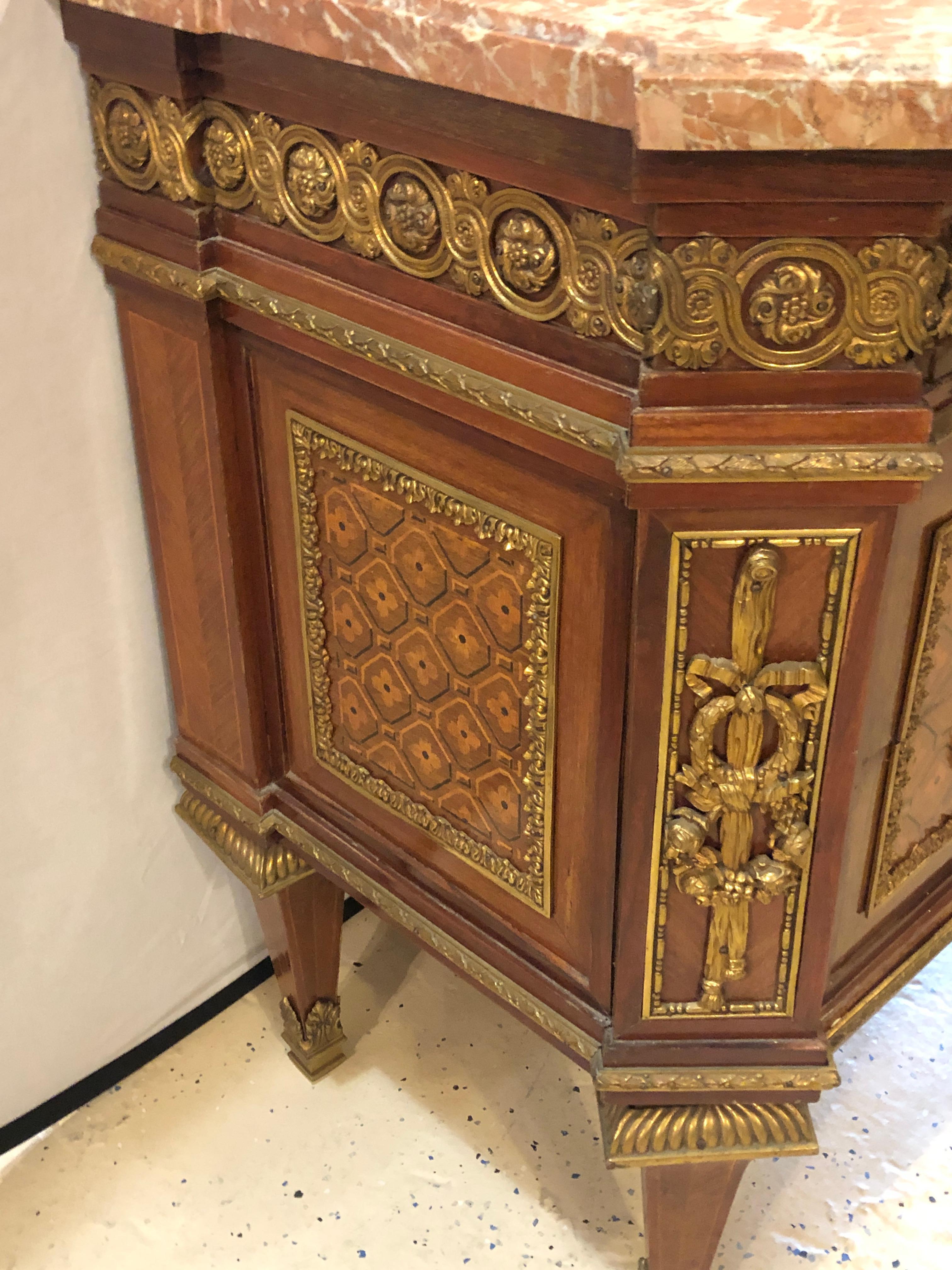 20th Century Spectacular Louis XVI Style Bronze-Mounted Marble Top Parquetry Commode / Chest