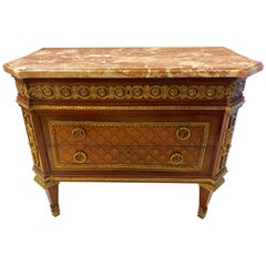 Spectacular Louis XVI Style Bronze-Mounted Marble Top Parquetry Commode / Chest