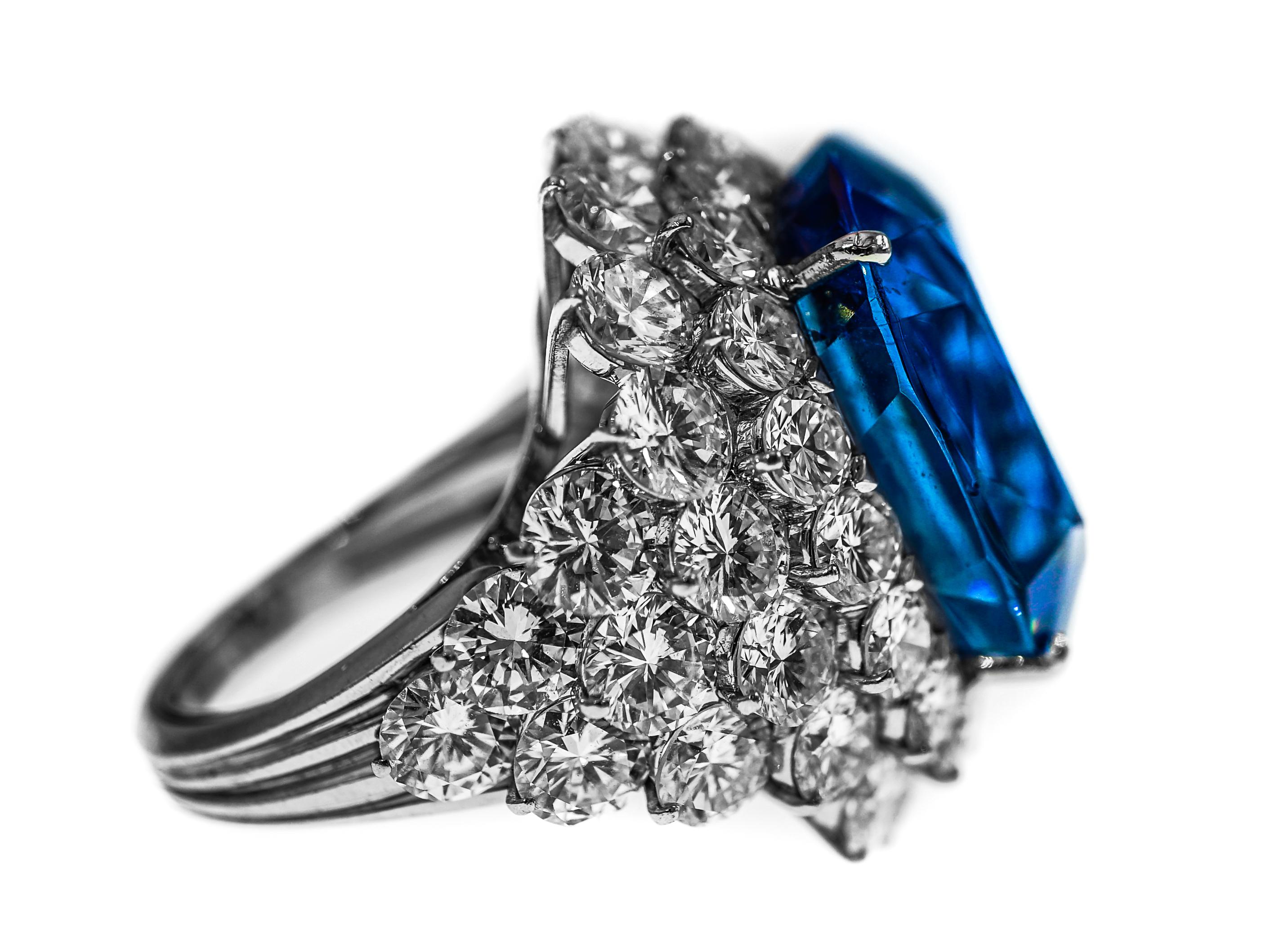 Cushion Cut 46.31 Carat AGL Ceylon Sapphire  Diamond Ring