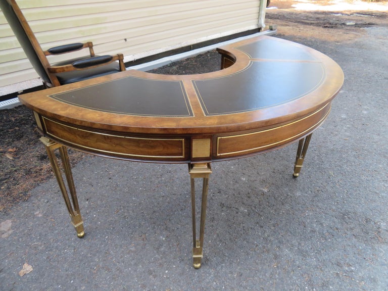 Spectacular Mastercraft Burled Walnut Brass Demi Lune Desk with Matching Chair For Sale 12
