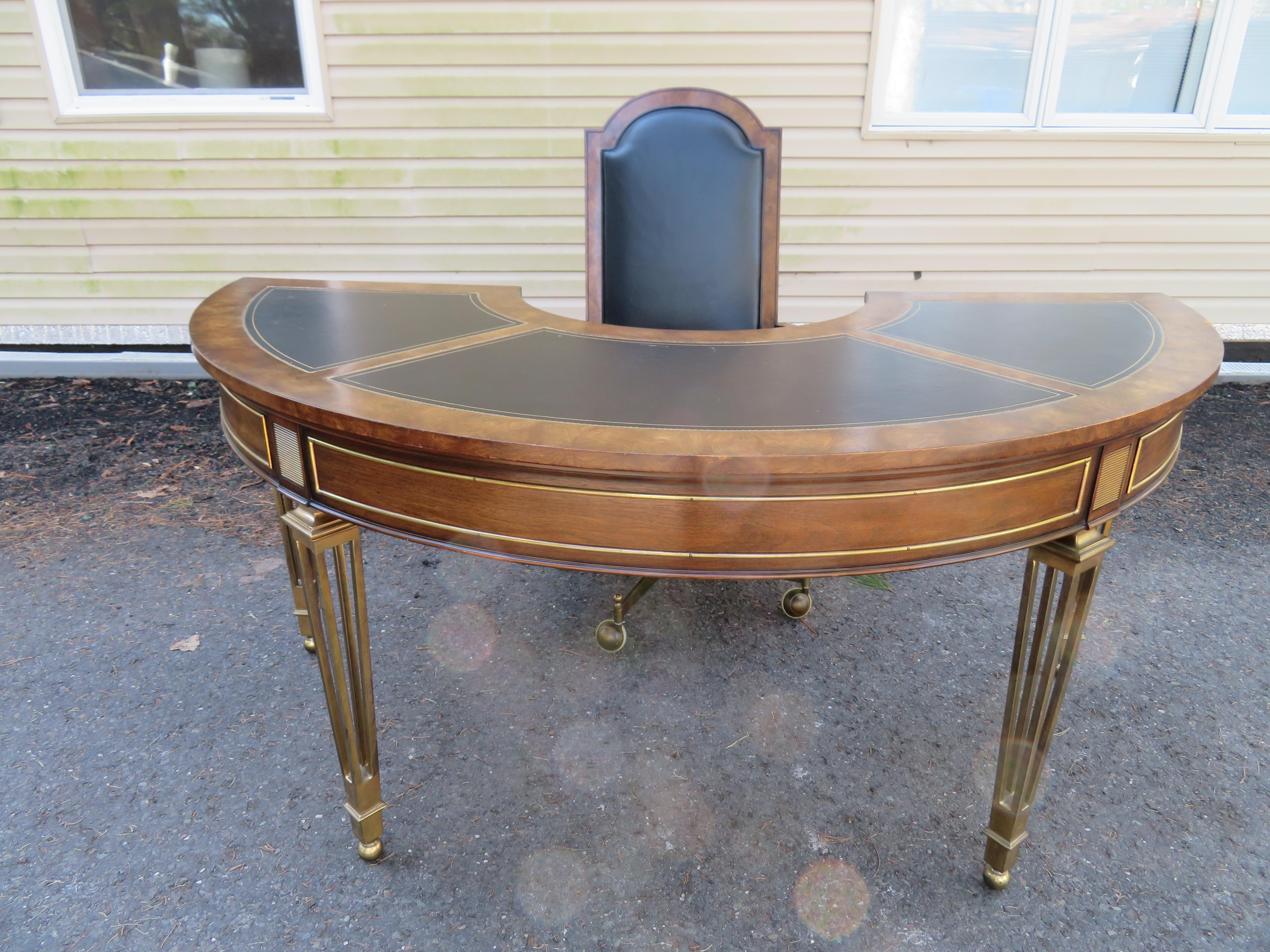 Spectacular Mastercraft Burled Walnut Brass Demi Lune Desk with Matching Chair 11