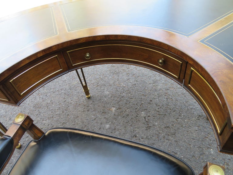 Spectacular Mastercraft Burled Walnut Brass Demi Lune Desk with Matching Chair In Good Condition For Sale In Pemberton, NJ