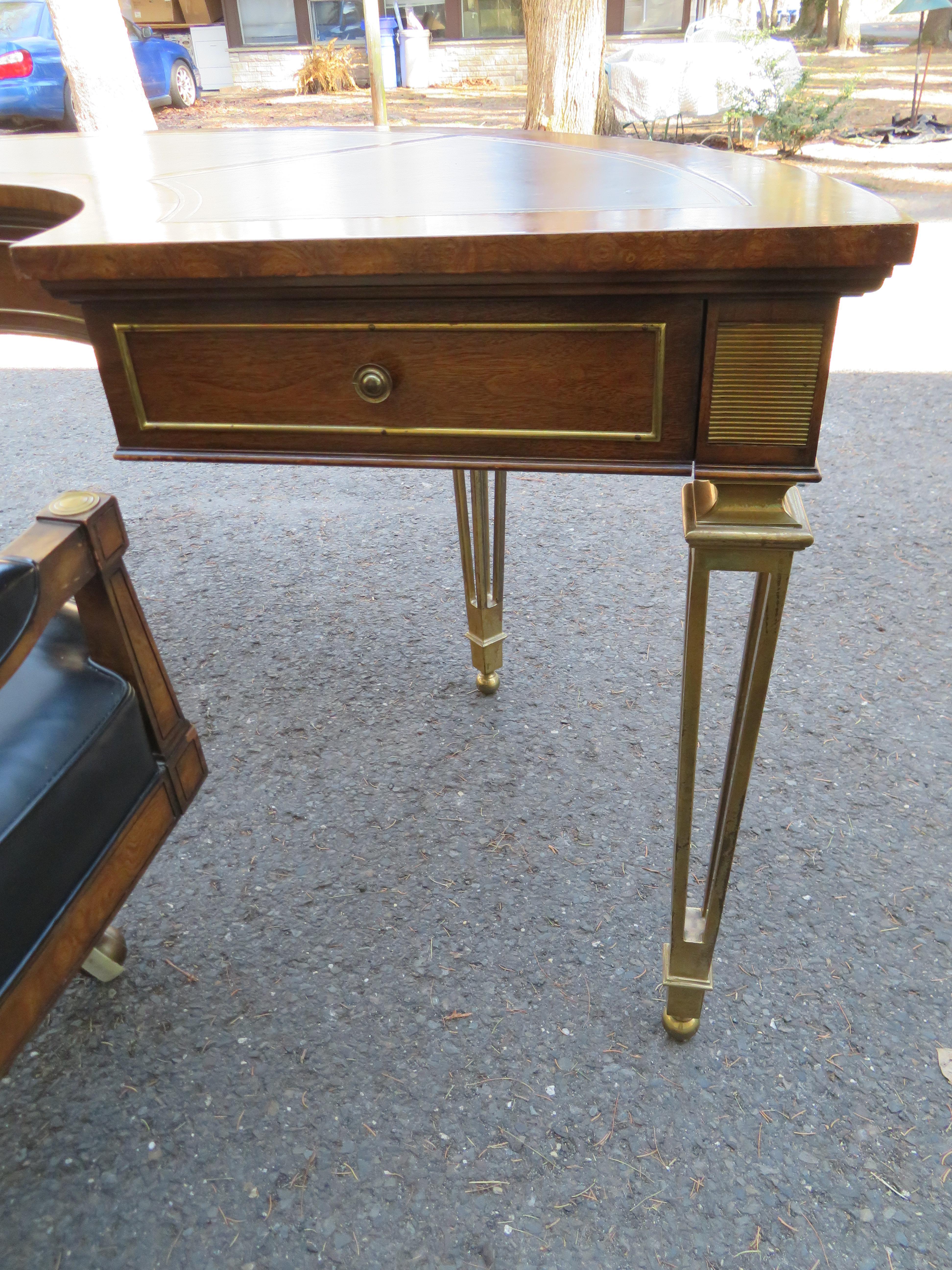 Hollywood Regency Spectacular Mastercraft Burled Walnut Brass Demi Lune Desk with Matching Chair