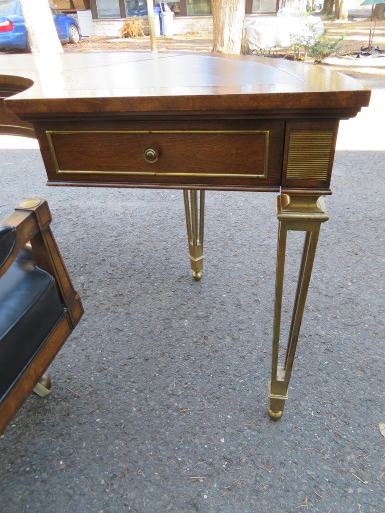 Late 20th Century Spectacular Mastercraft Burled Walnut Brass Demi Lune Desk with Matching Chair For Sale