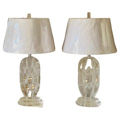 Vintage Spectacular MCM Lucite Pair Lamps Signed Van Teal
