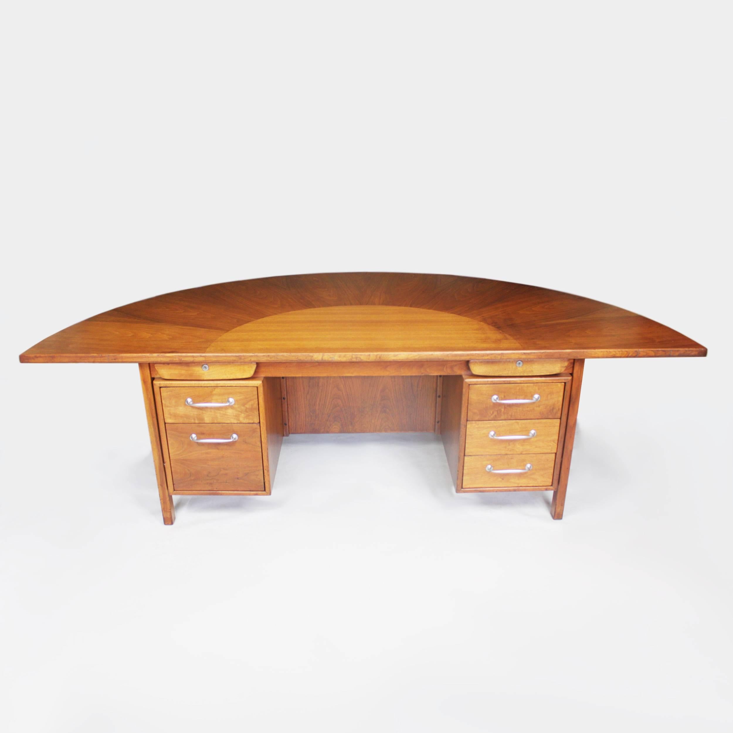 Mid-20th Century Spectacular Mid-Century Modern Walnut Executive Desk with Sunburst Demilune Top