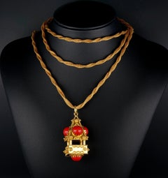 Spectacular Midcentury Red Coral Stone Rose Gold Huge Fob and Necklace
