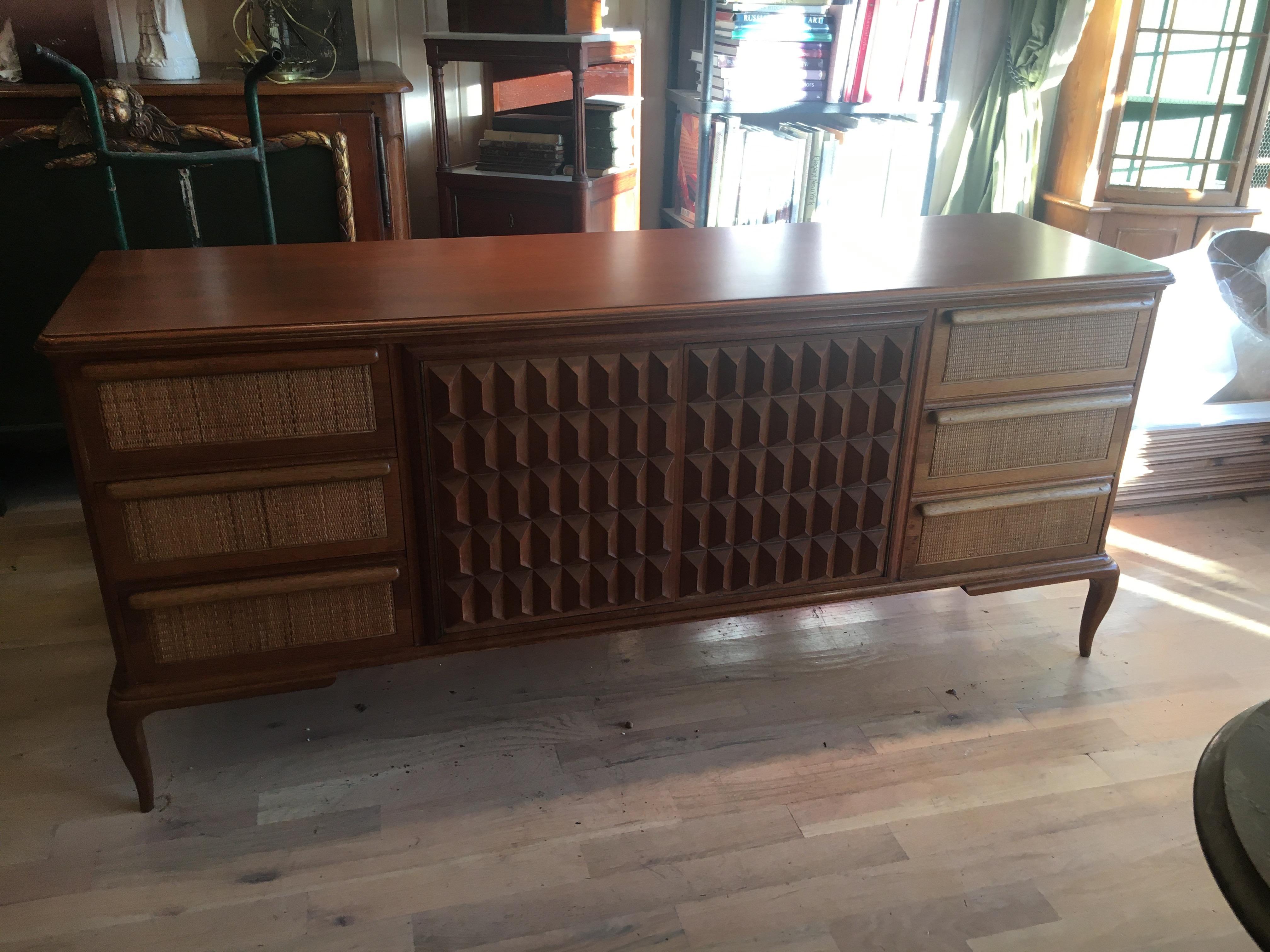 Spectacular Midcentury Italian Server, Walnut, Cane, Very Textural, Great Color For Sale 3