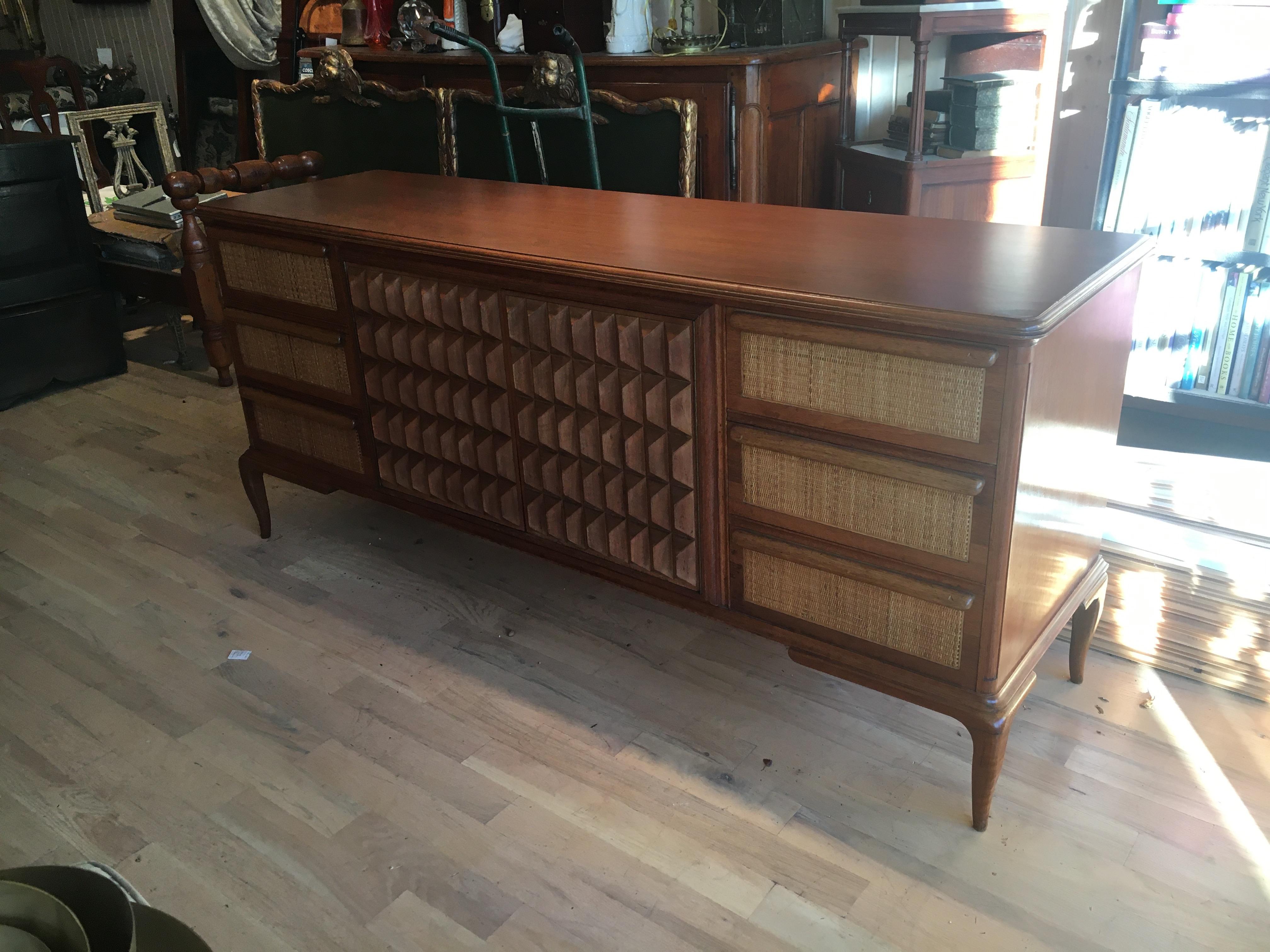 Spectacular Midcentury Italian Server, Walnut, Cane, Very Textural, Great Color For Sale 14