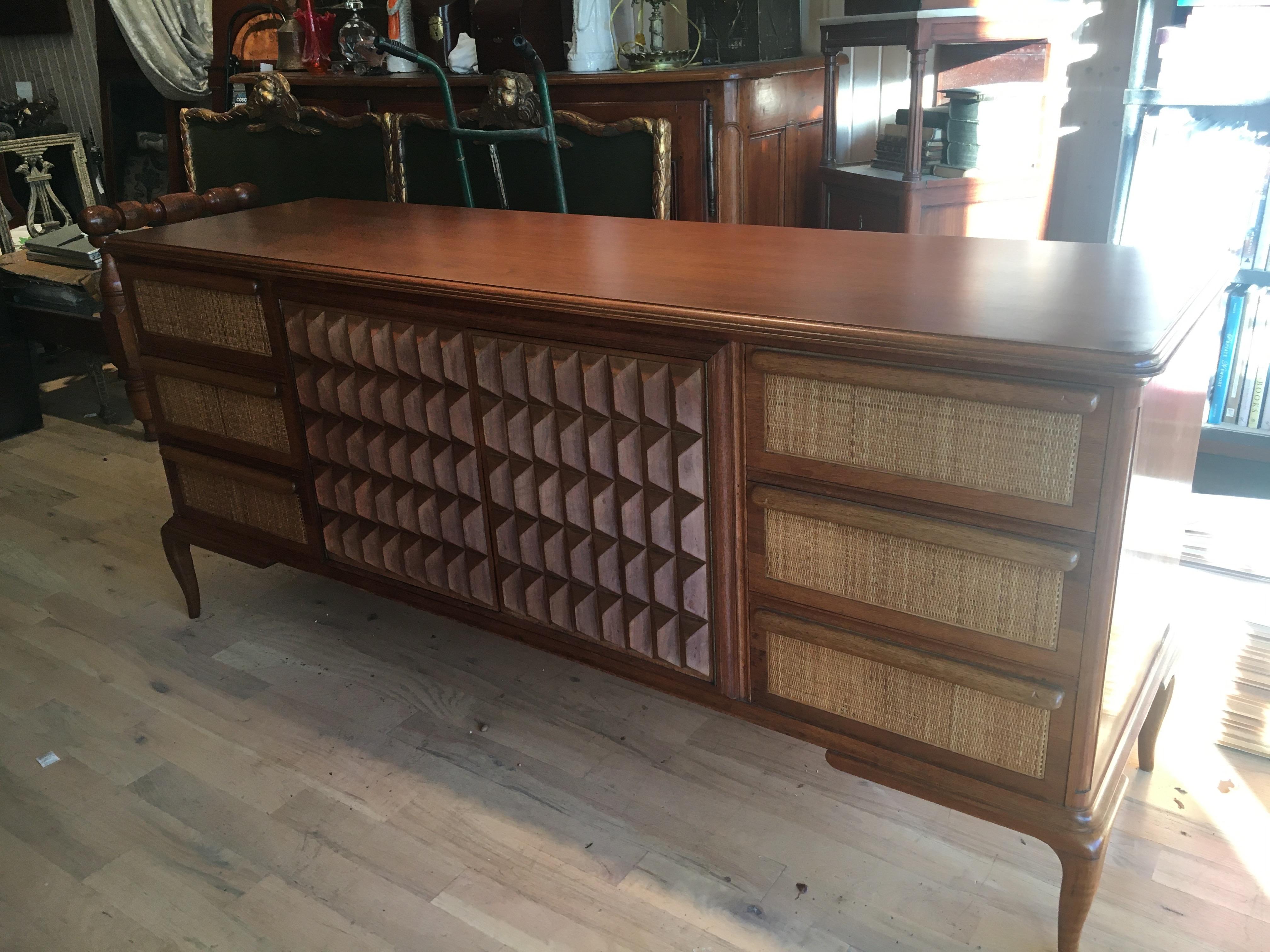 Spectacular Midcentury Italian Server, Walnut, Cane, Very Textural, Great Color In Excellent Condition For Sale In Buchanan, MI