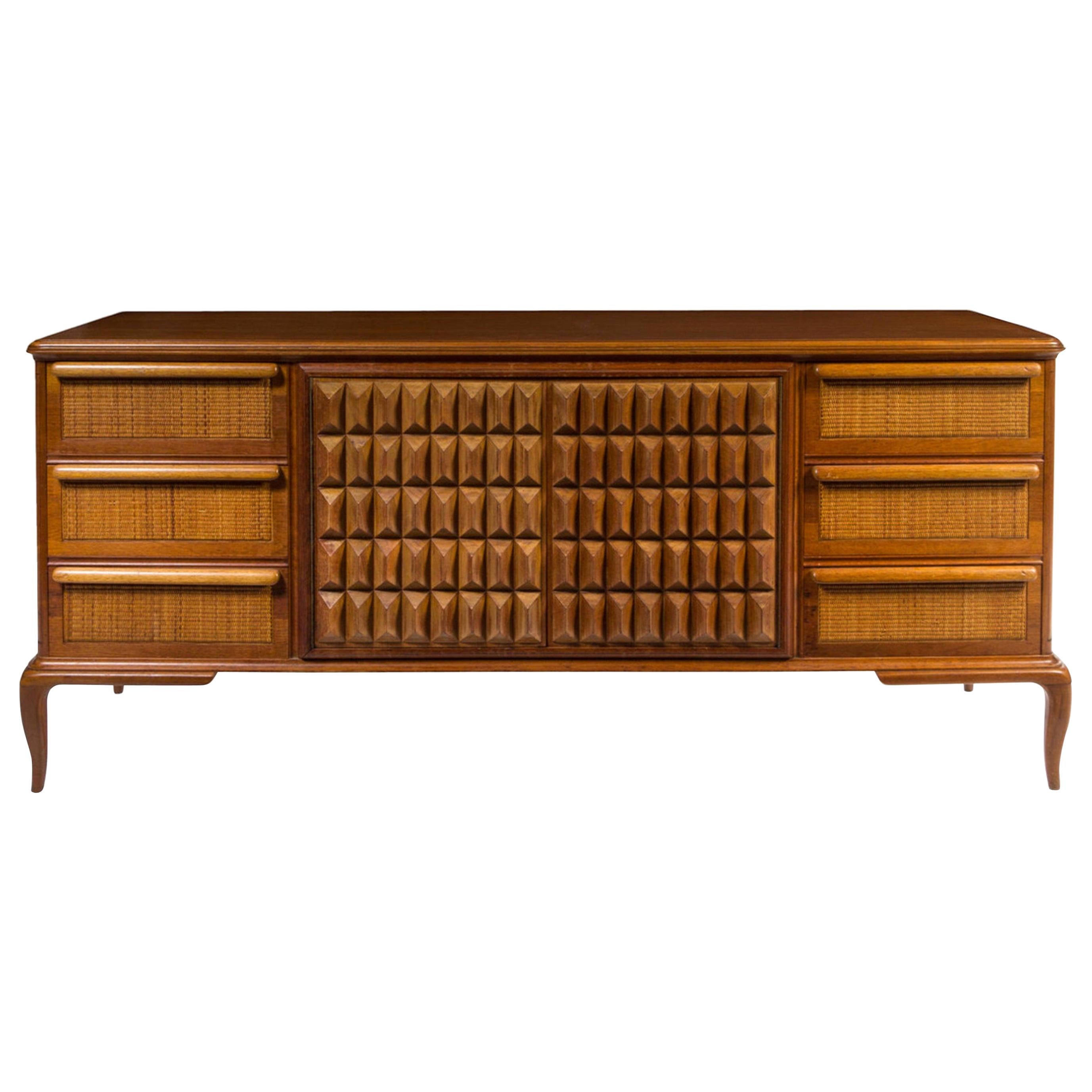 Spectacular Midcentury Italian Server, Walnut, Cane, Very Textural, Great Color For Sale