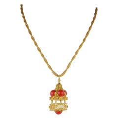 Spectacular Midcentury Red Coral Stone Rose Gold Huge Fob and Necklace