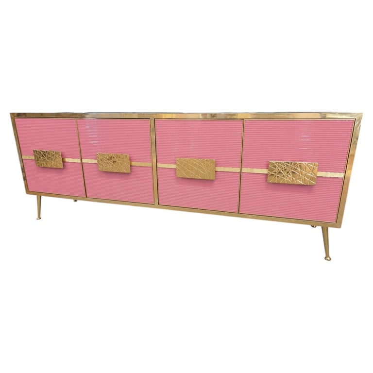 Customizable Glossy Pink Glass and Brass Sideboard by Justfurnituress