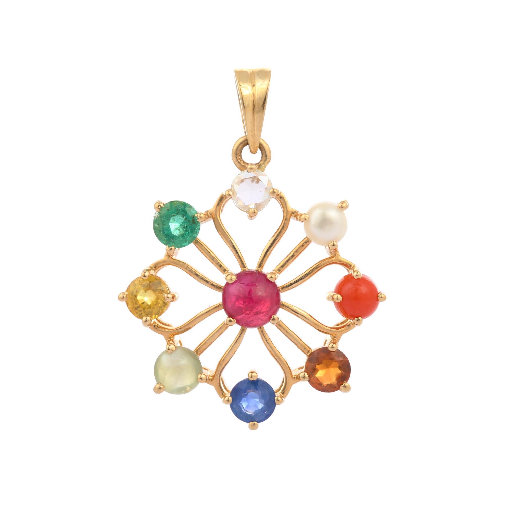 Navratna multi precious gemstones and diamond flower pendant in 18K Gold. It has round cut gemstone studded with diamond that completes your look with a decent touch. Pendants are used to wear or gifted to represent love and promises. It's an