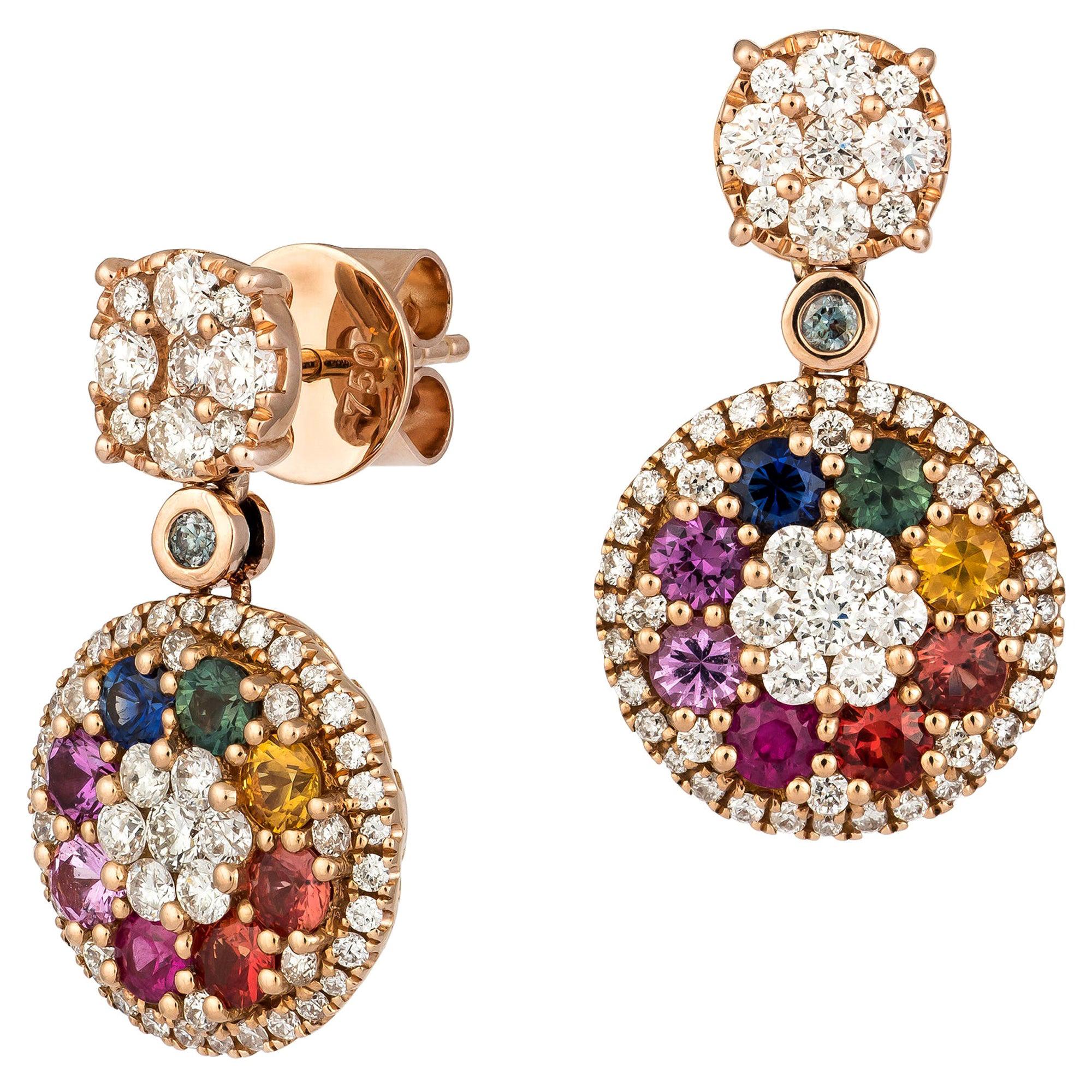 Spectacular Multi Sapphire Diamond Rose 18 Karat Gold Earrings for Her For Sale
