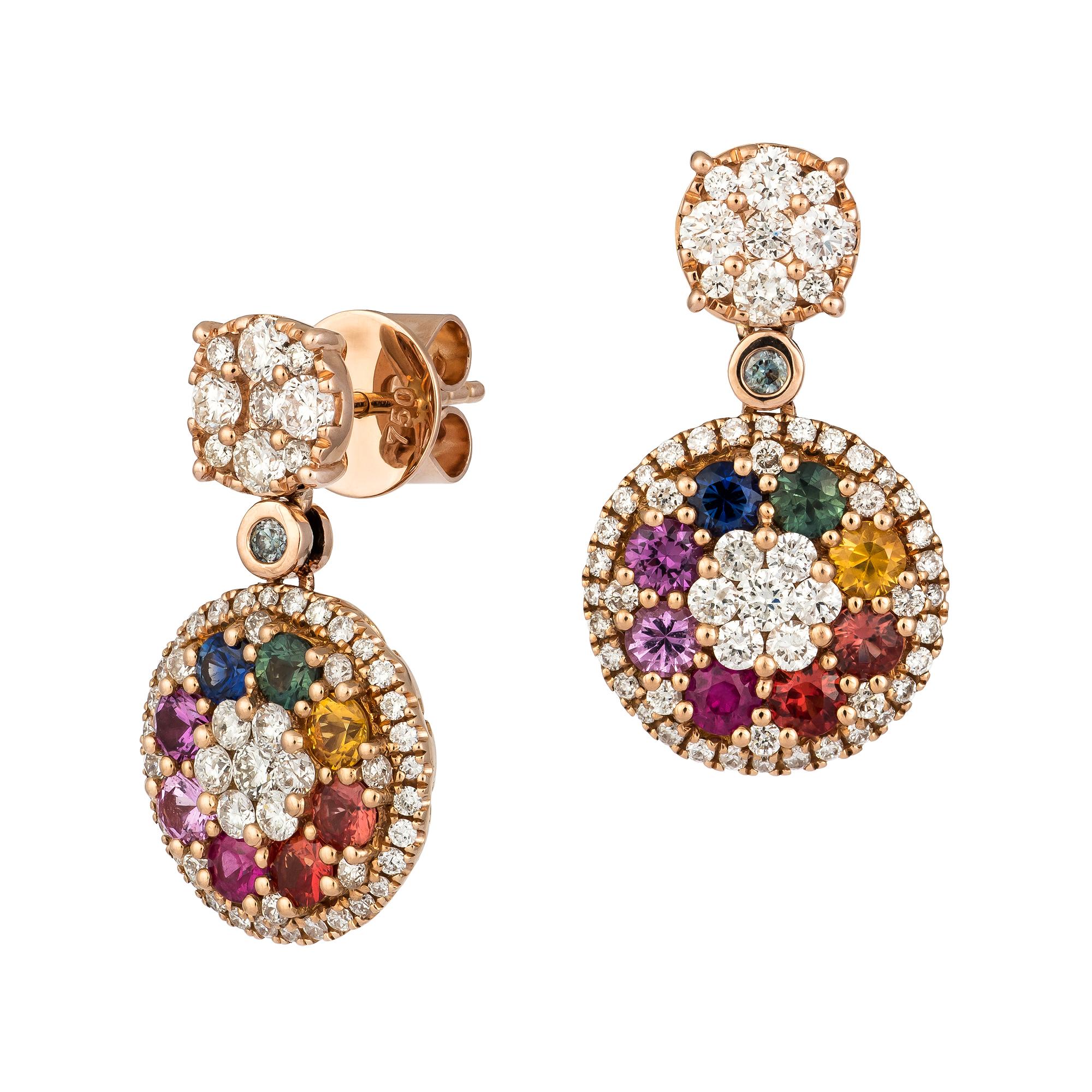 EARRINGS 18K Rose Gold
Diamond 1.50 Cts/114 Pieces
Multi Sapphire 1.77 Cts/16 Pieces

