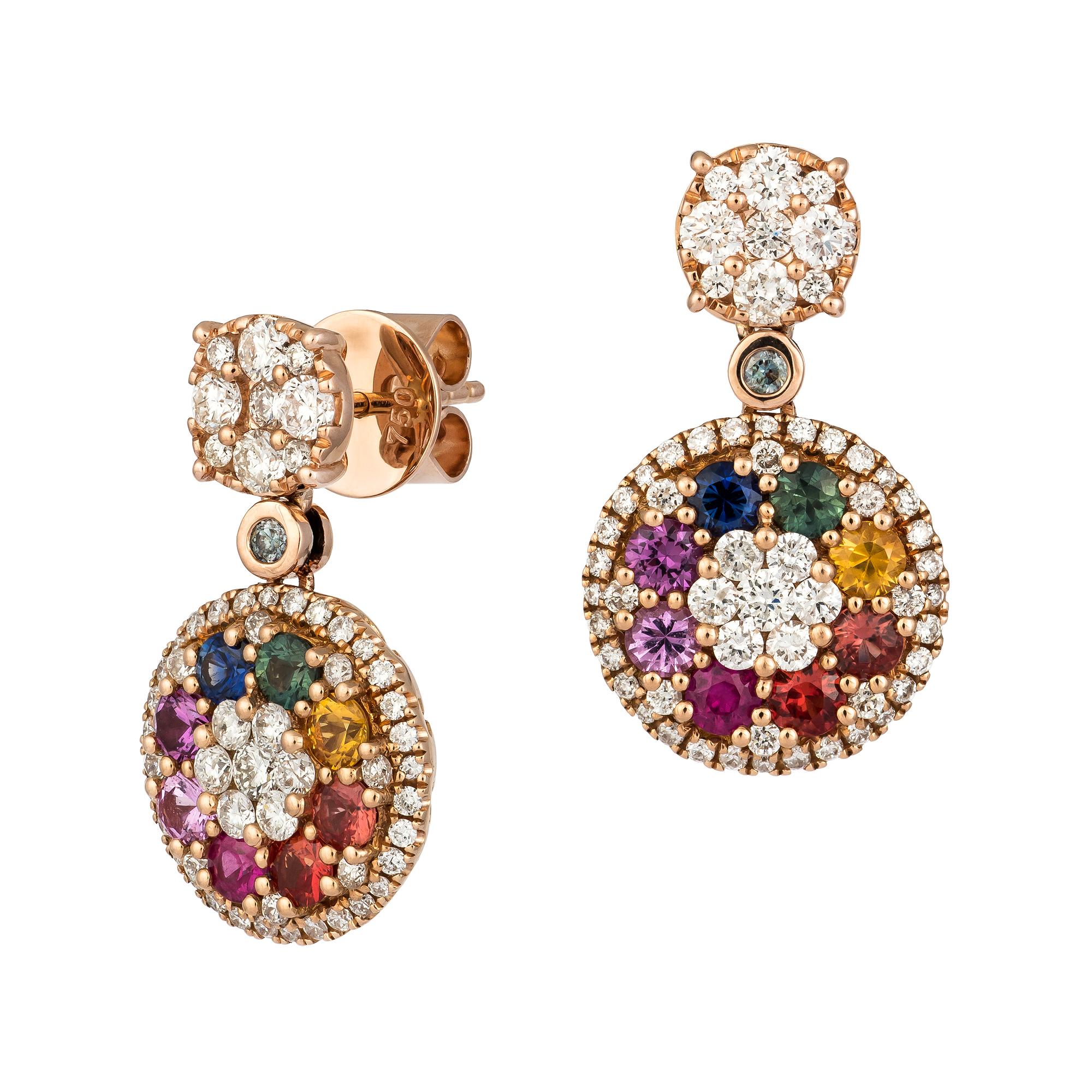 Espectaculares Pendientes para Ella de Oro de 18 Kilates Rosa con Diamantes y Zafiros Múltiples en Nuevo estado para la venta en Genève, GE