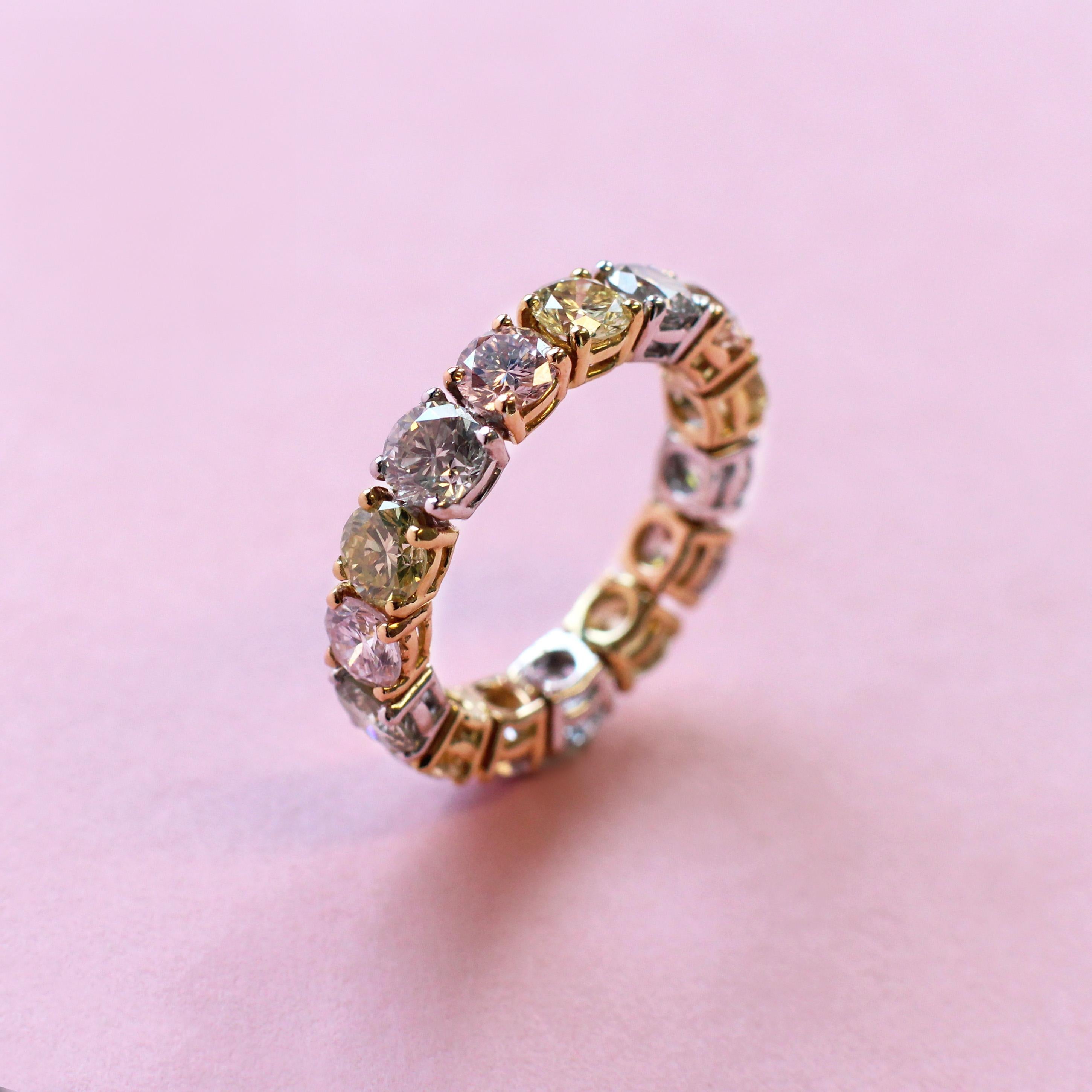 Contemporary Eternity Ring with 4.5 Carats of Light Pink, Yellow and Grey Diamonds  For Sale