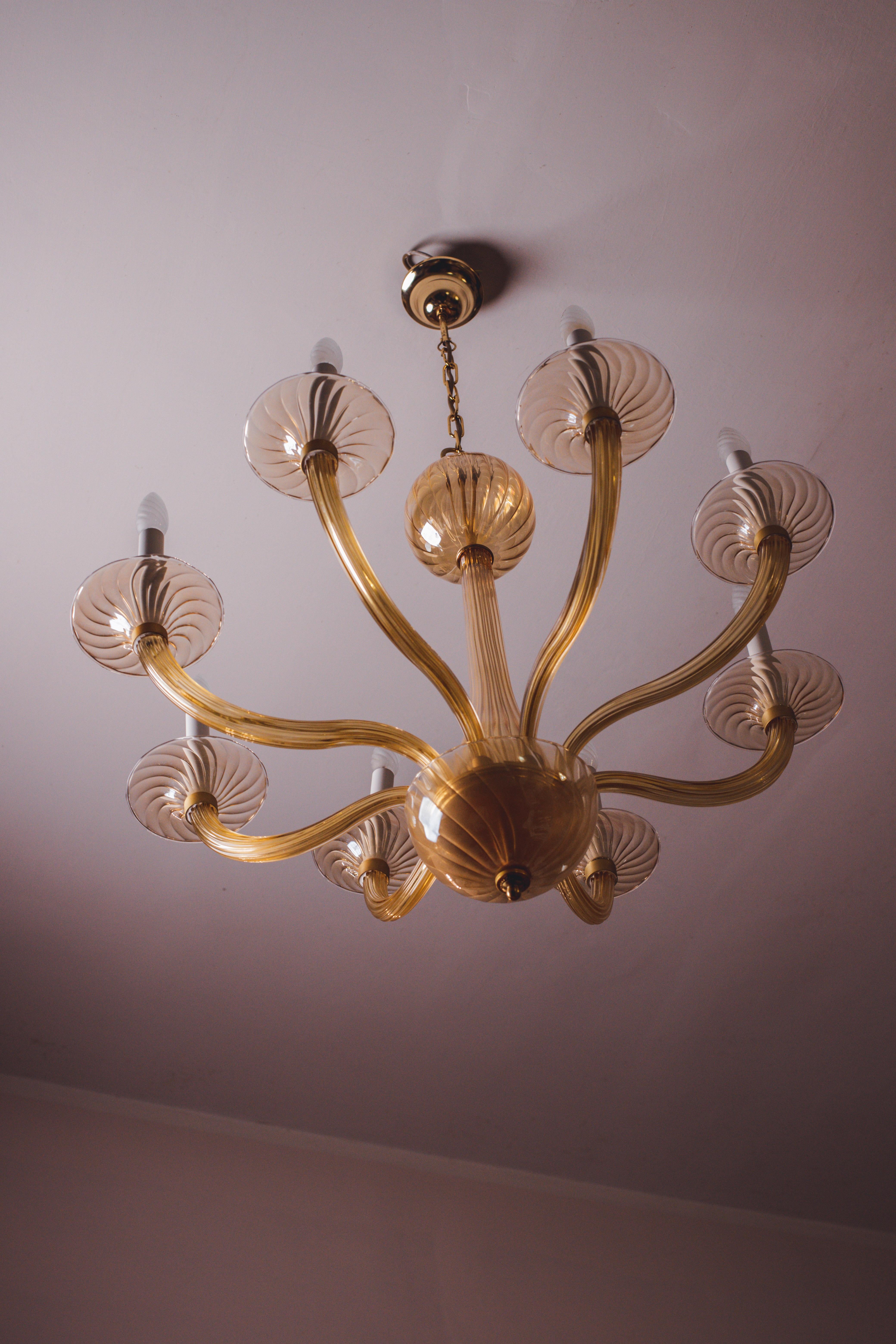 Spectacular Murano Amber 8 arms chandelier, 1970s 11