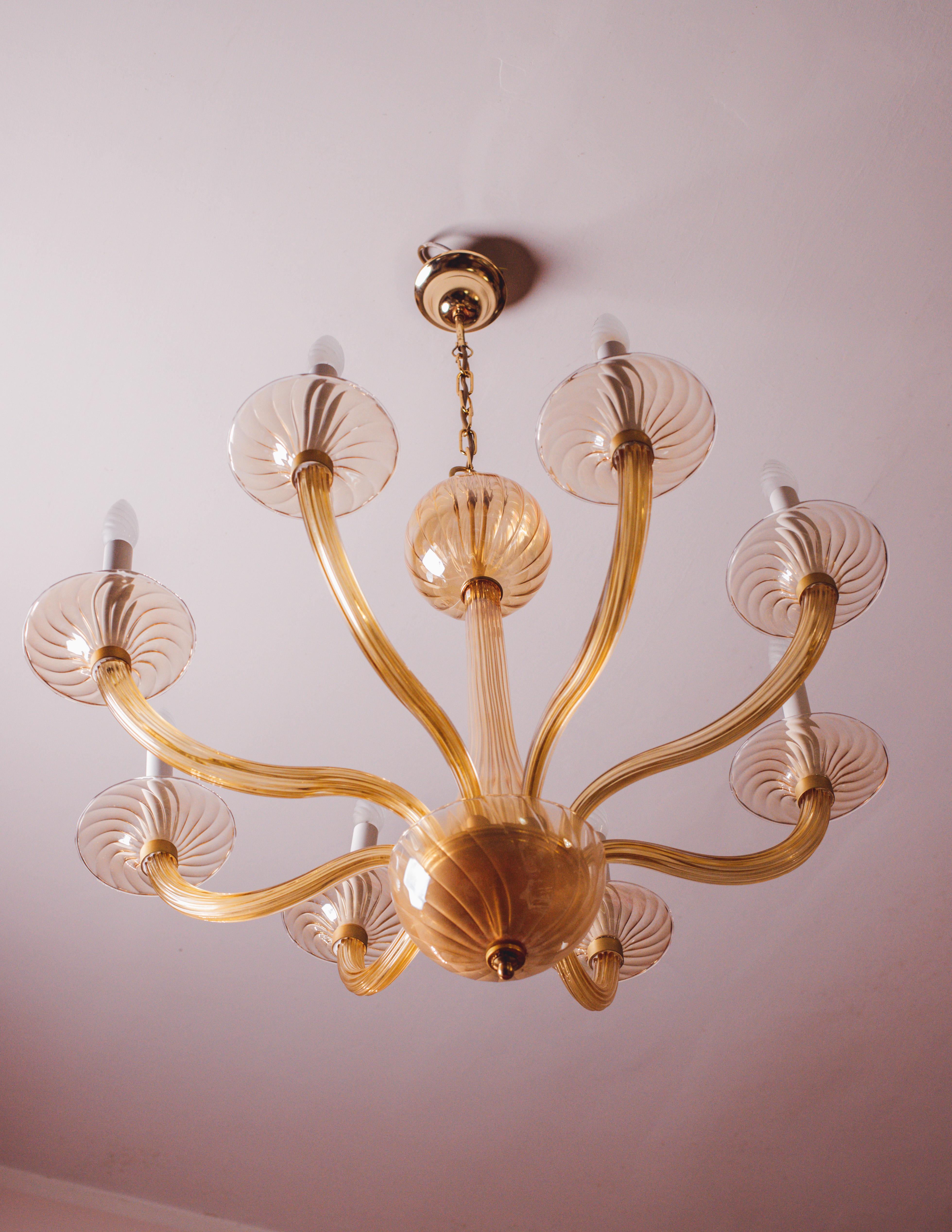 Spectacular Murano Amber 8 arms chandelier, 1970s 2