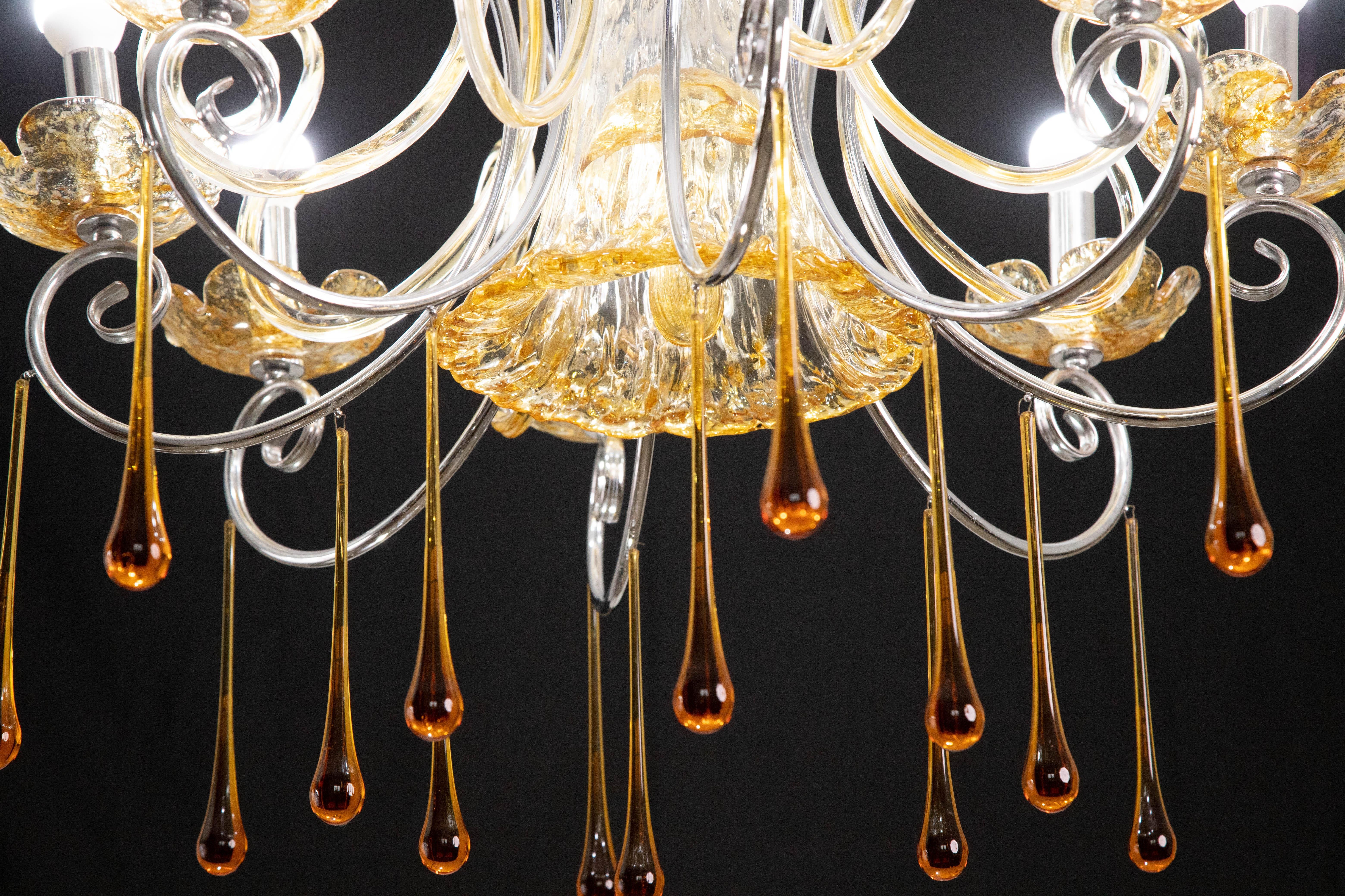 Late 20th Century Spectacular Murano Amber Chandelier, 8 Arms, 1980s For Sale