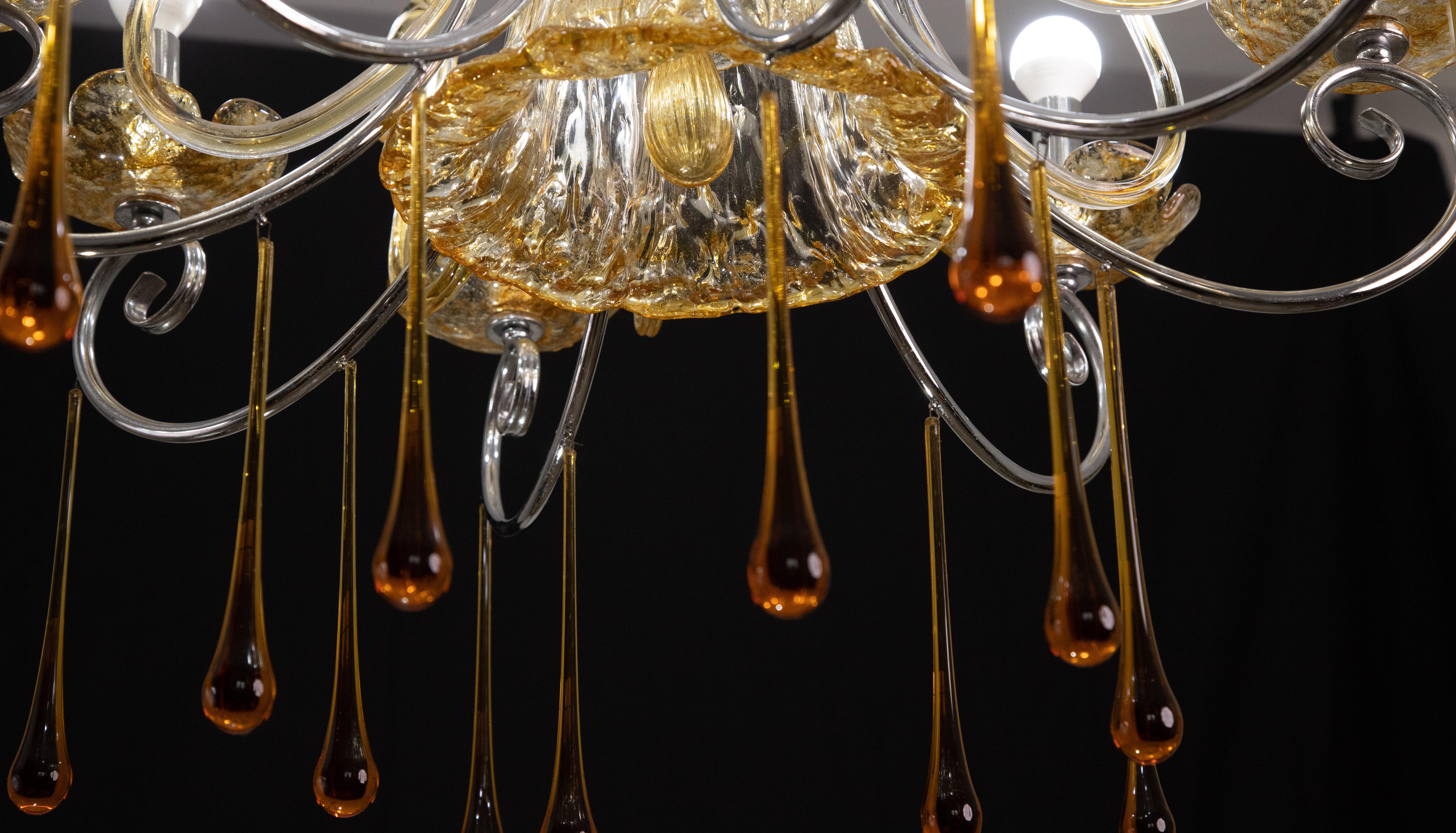 Art Glass Spectacular Murano Amber Chandelier, 8 Arms, 1980s For Sale