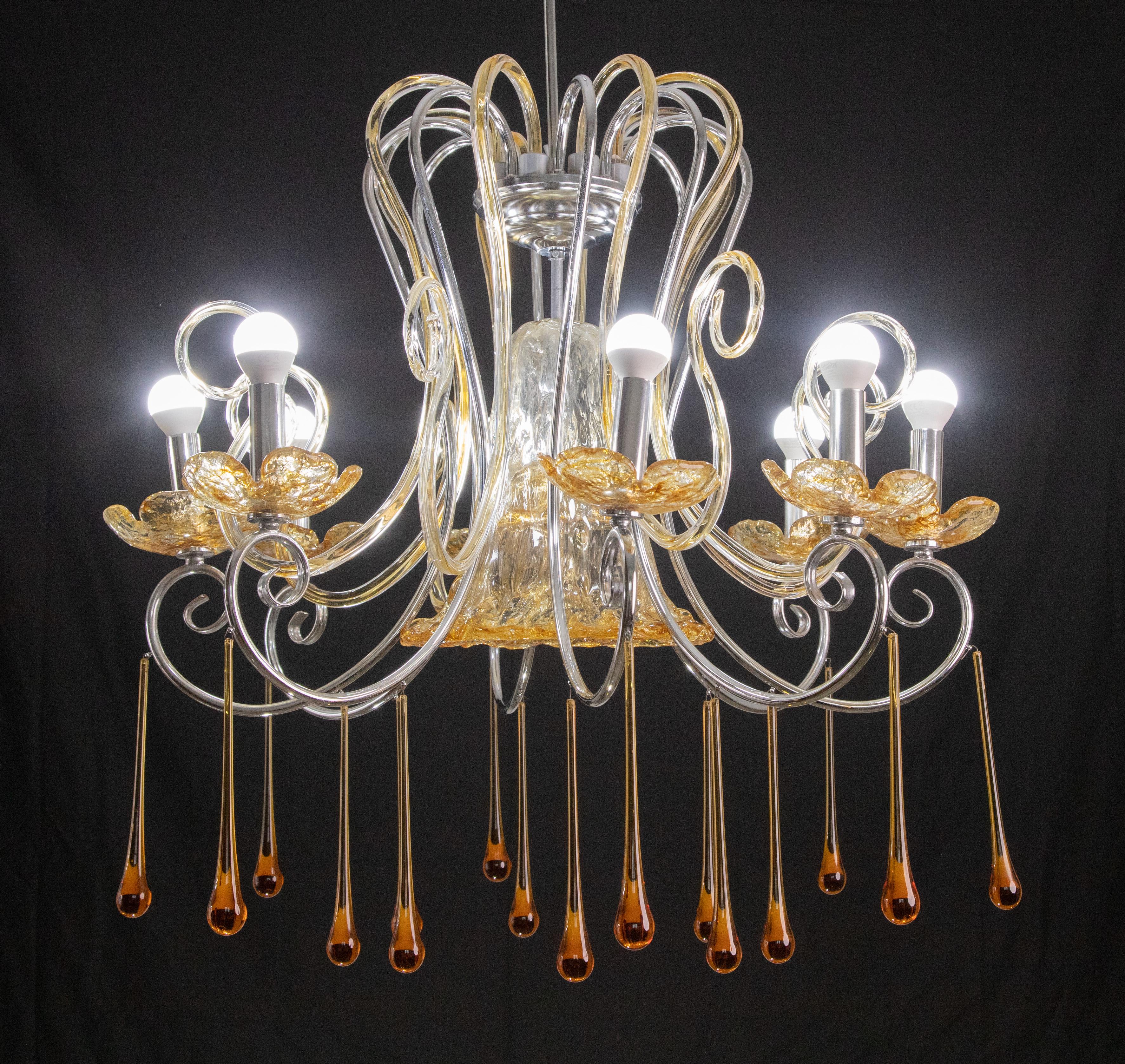 Spectacular Murano Amber Chandelier, 8 Arms, 1980s For Sale 2