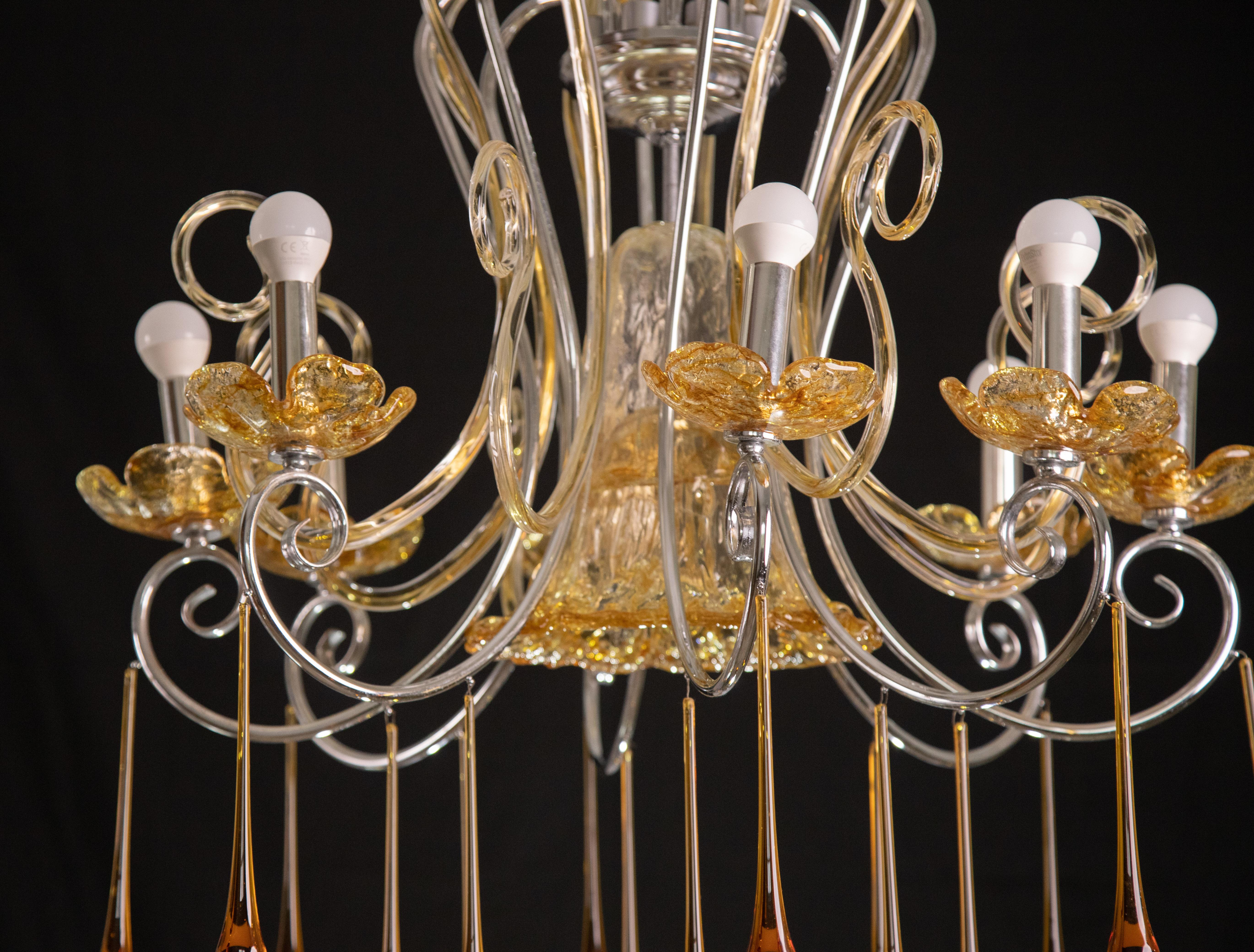 Spectacular Murano Amber Chandelier, 8 Arms, 1980s For Sale 3