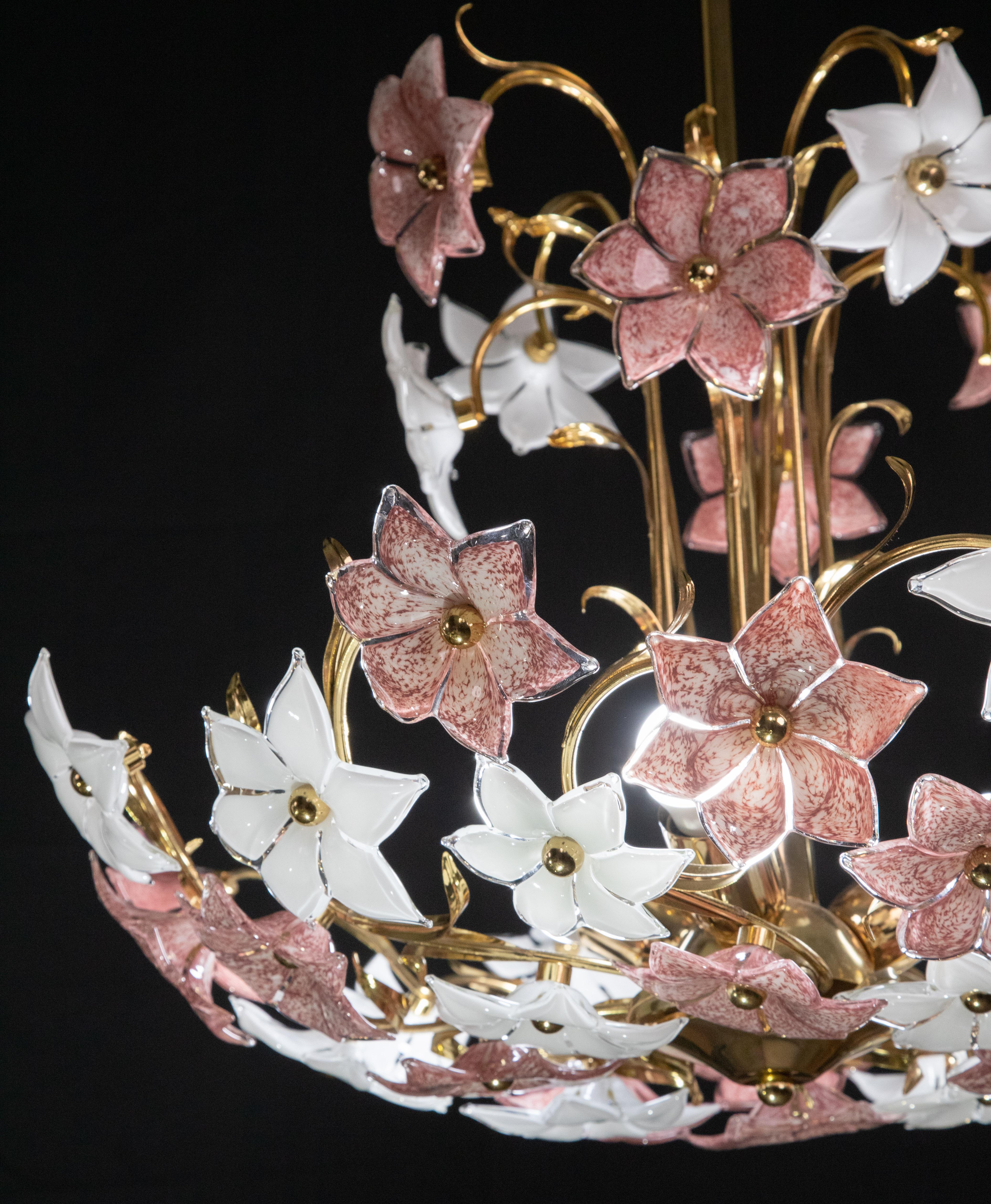 Murano Glass Spectacular Murano Chandelier Full of Pink and White Flowers, 1980s For Sale