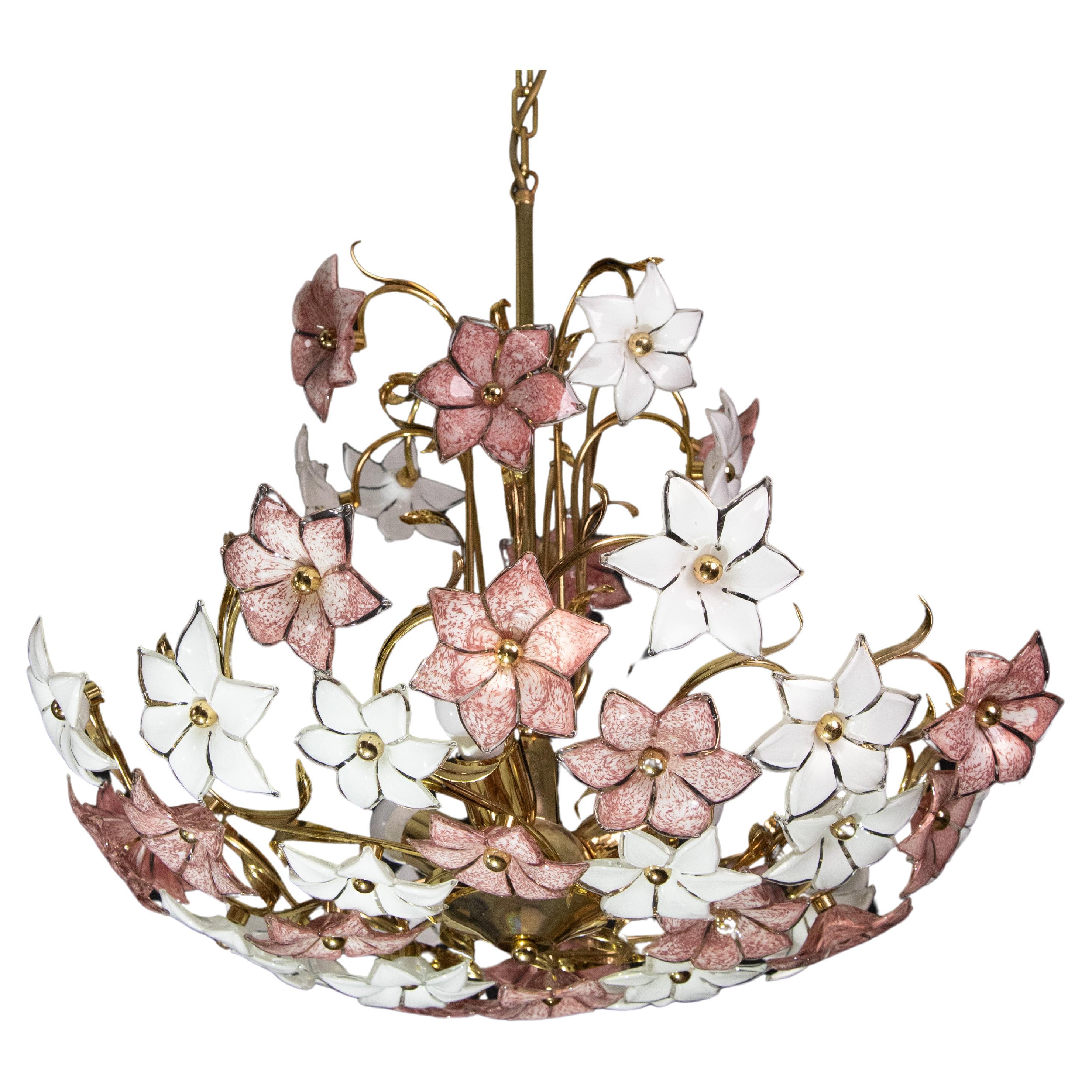 Spectacular Murano Chandelier Full of Pink and White Flowers, 1980s For Sale