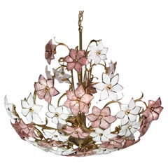 Spectacular Murano Chandelier Full of Pink and White Flowers, 1980s