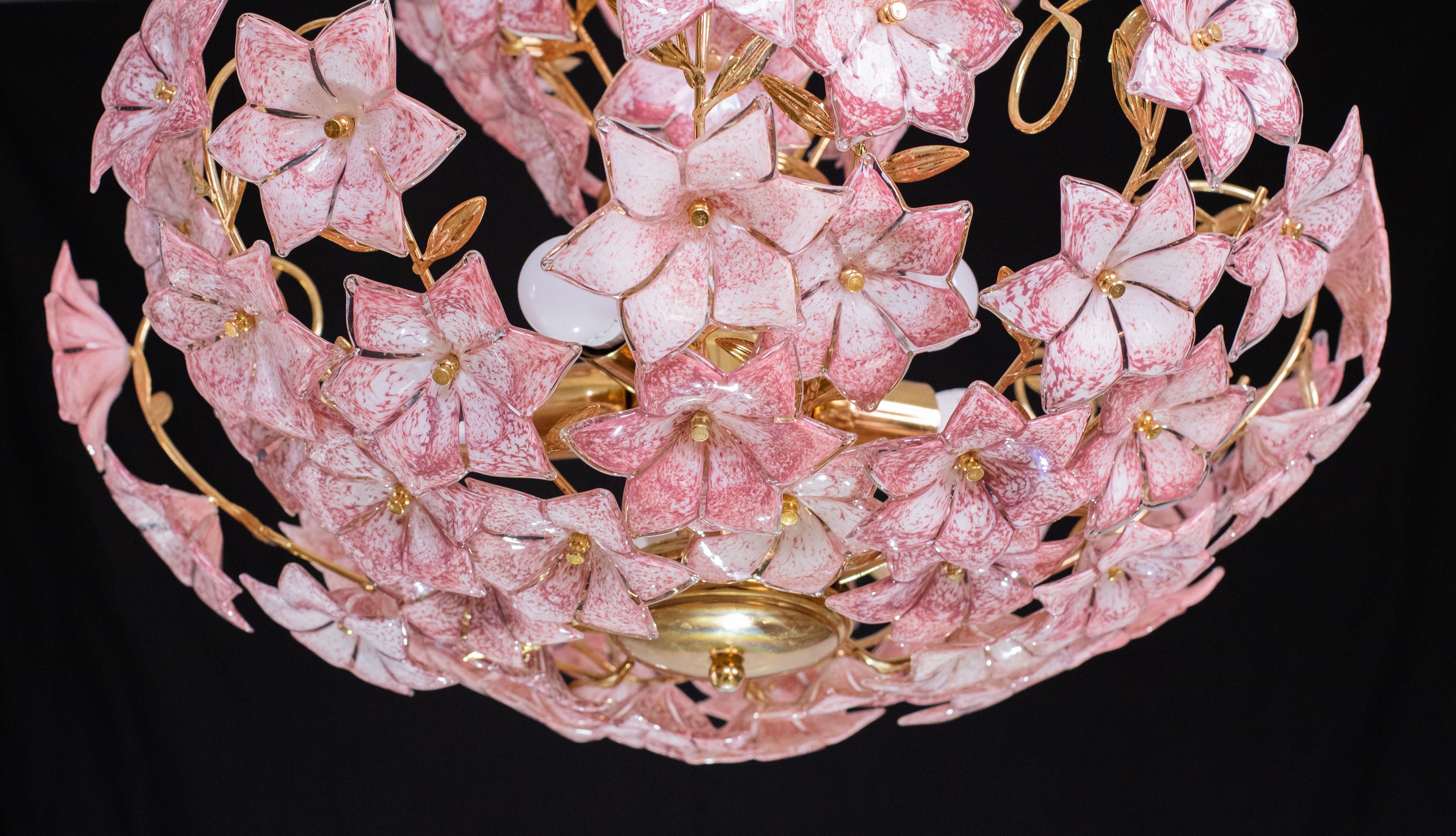 European Spectacular Murano Chandelier Full of Pink Flowers, 1970s