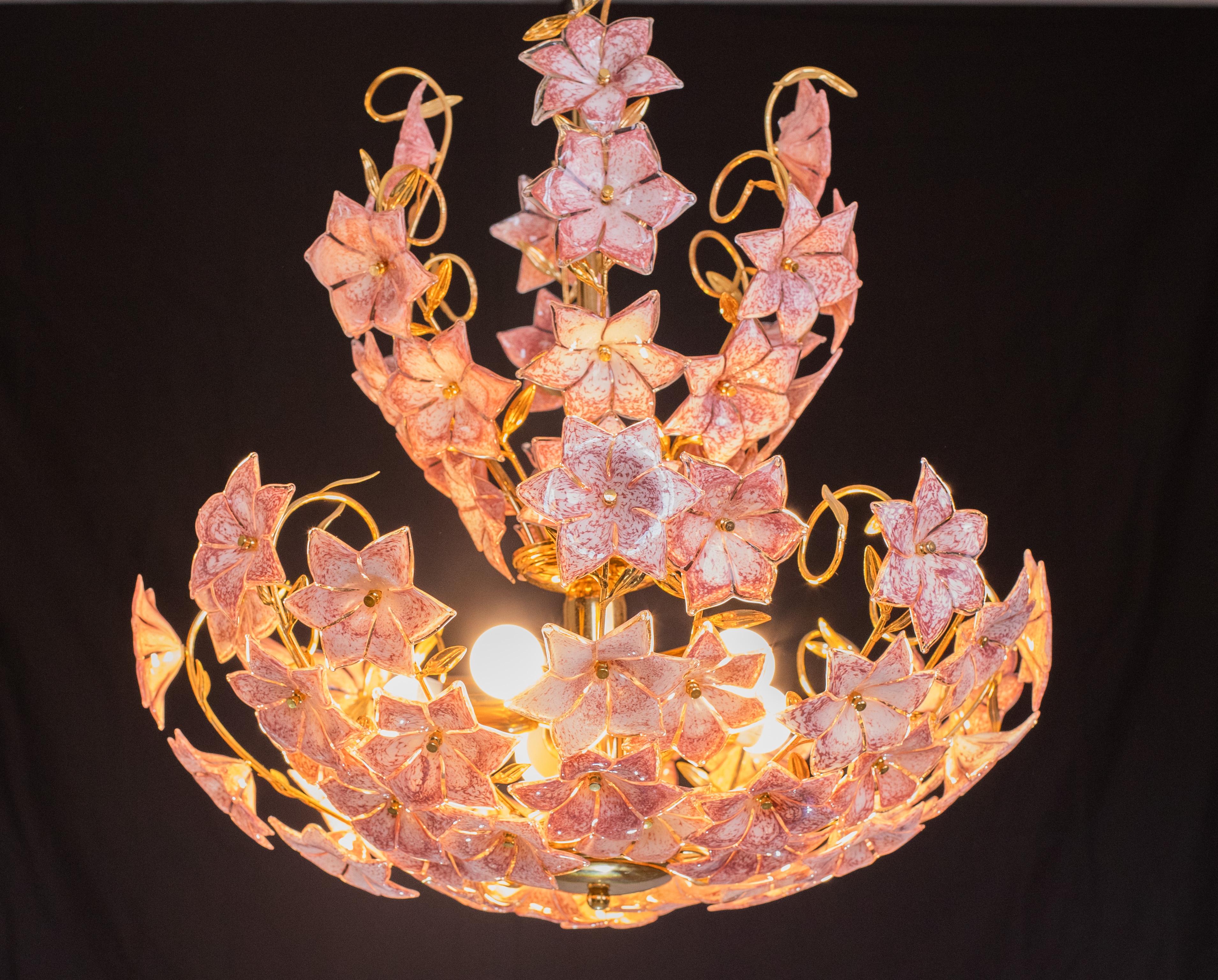 Art Glass Spectacular Murano Chandelier Full of Pink Flowers, 1970s For Sale