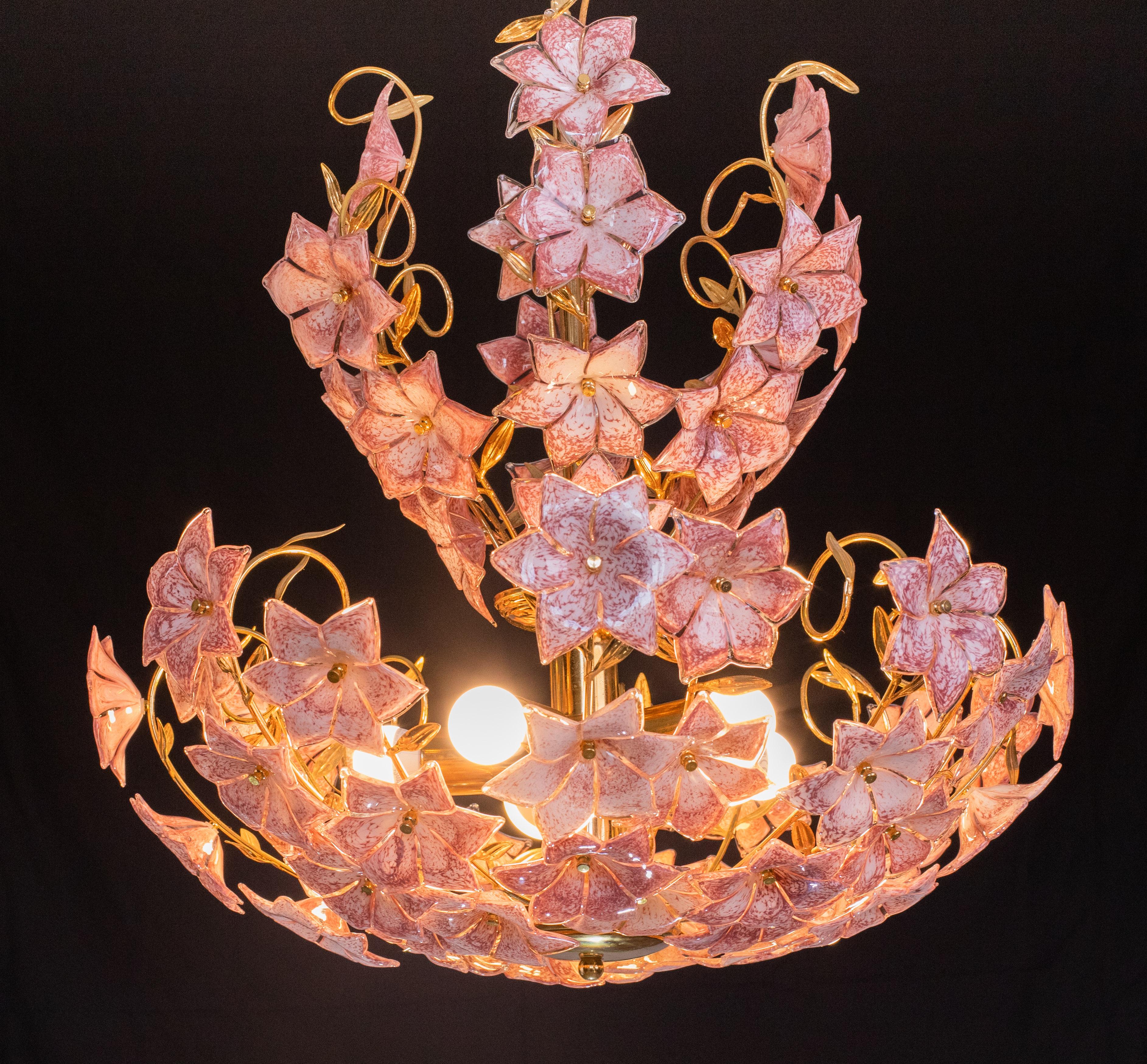 Spectacular Murano Chandelier Full of Pink Flowers, 1970s 3
