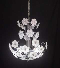 Spectaculaire lustre de Murano pleine de fleurs blanches, nouvel argent de bain des années 1980