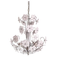 Vintage Spectacular Murano Chandelier Full of White Flowers, new bath silver, 1980s