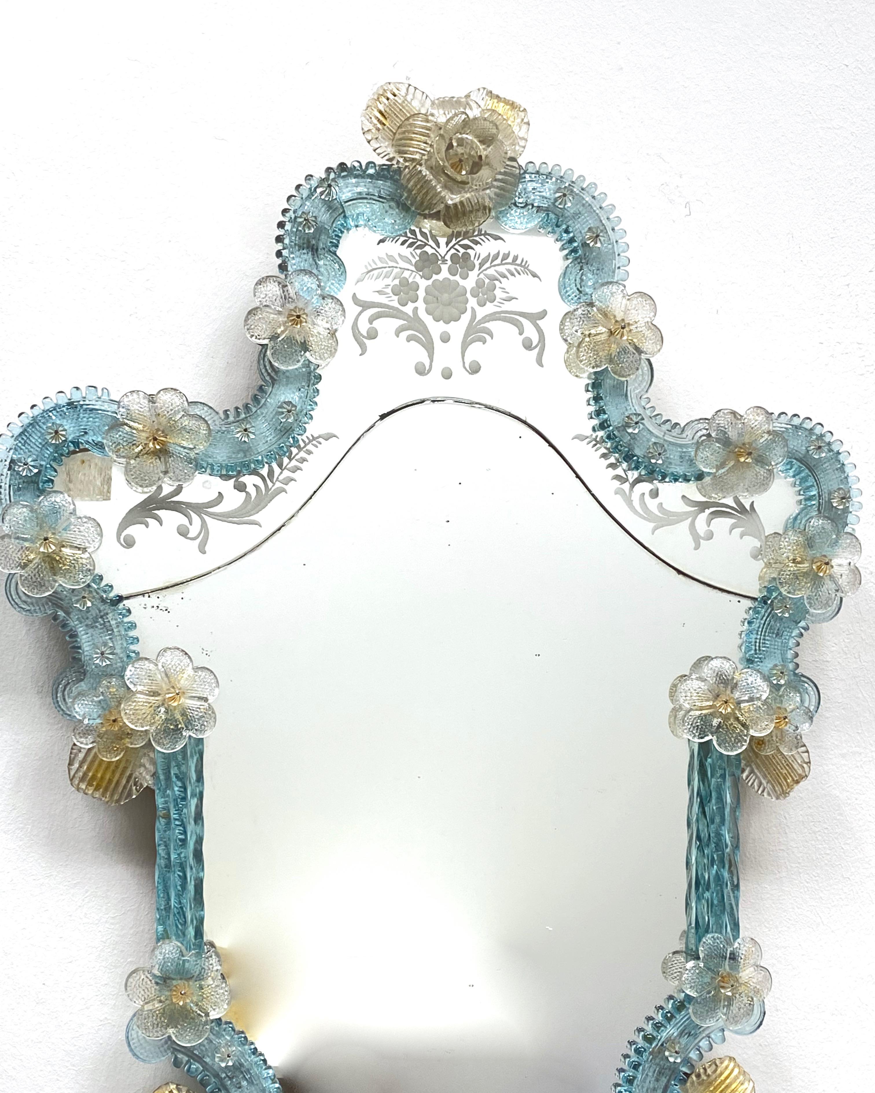 Italian Spectacular Murano Glass Wall Mirror Blue and Clear Glass, circa 1930s, Italy