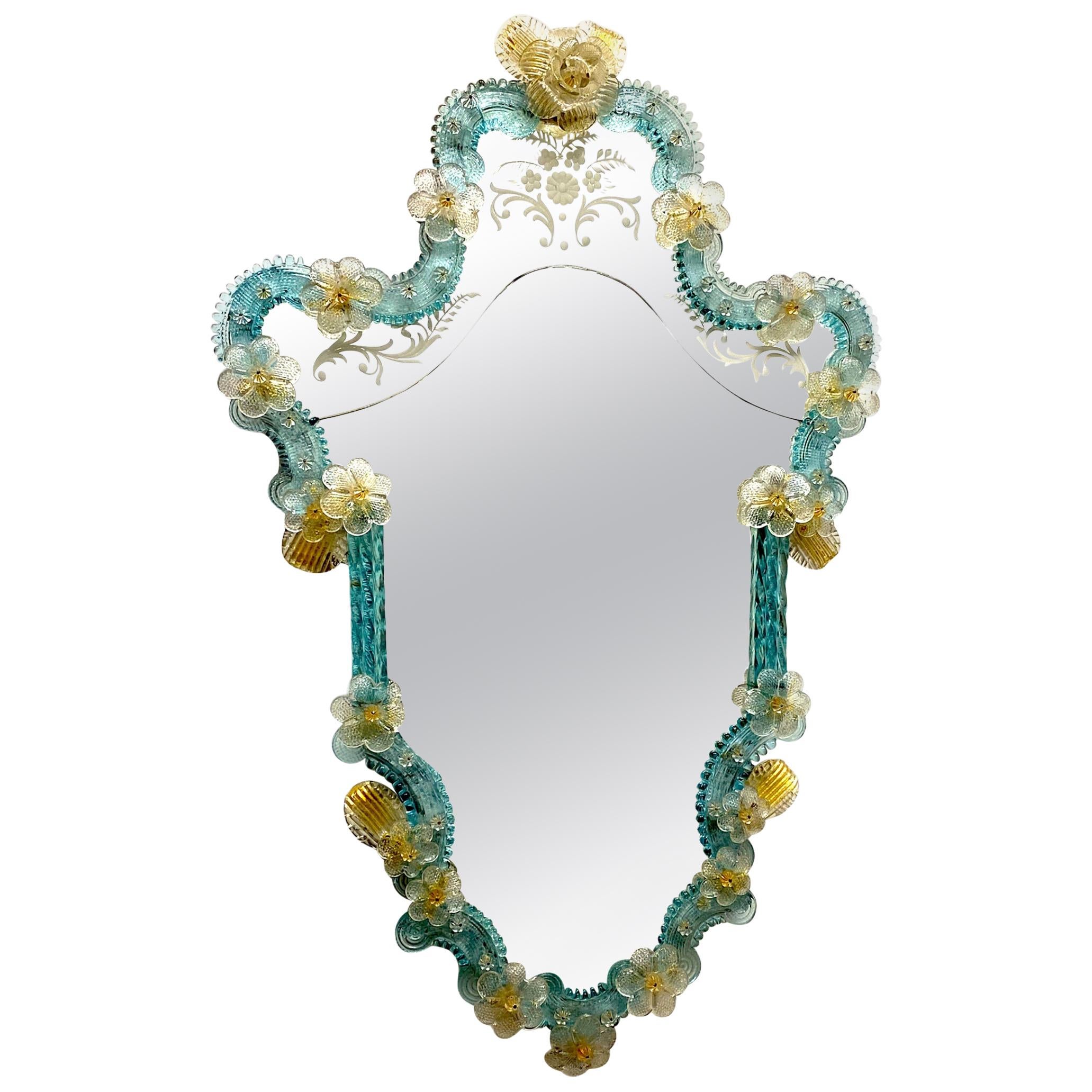 Spectacular Murano Glass Wall Mirror Blue and Clear Glass, circa 1930s, Italy