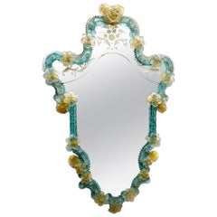 Spectacular Murano Glass Wall Mirror Blue and Clear Glass, circa 1930s, Italy Spectacular Murano Glass Wall Mirror Blue and Clear Glass, circa 1930s, Italy