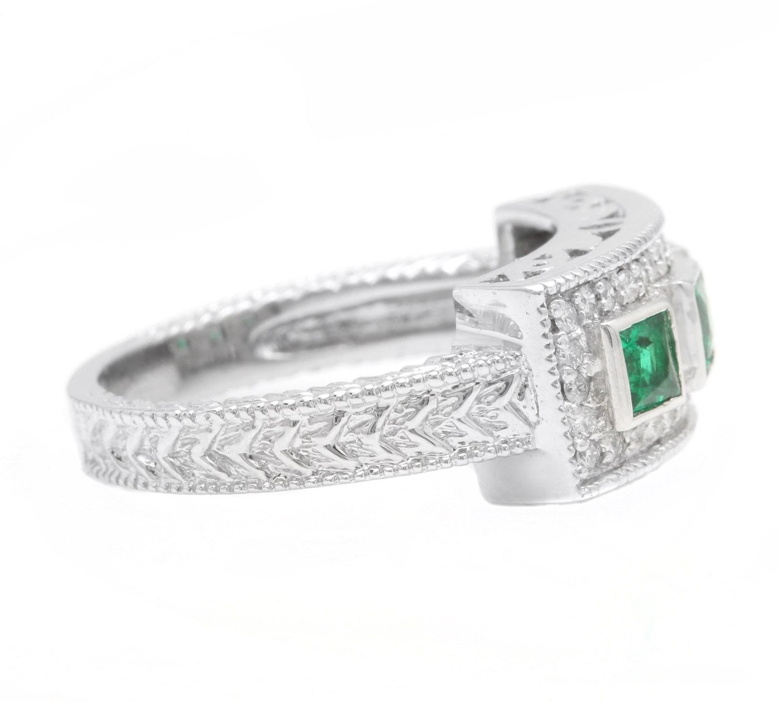 Mixed Cut Spectacular Natural Emerald and Diamond 14K Solid White Gold Ring For Sale
