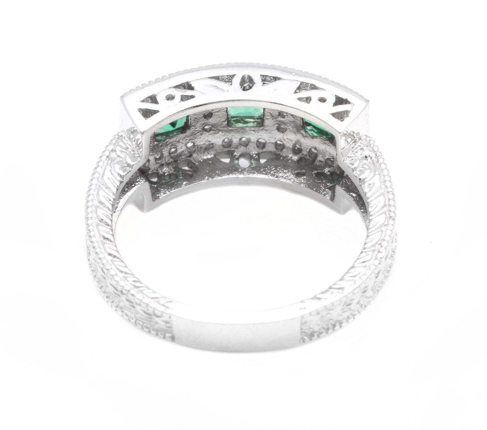 Women's Spectacular Natural Emerald and Diamond 14K Solid White Gold Ring For Sale