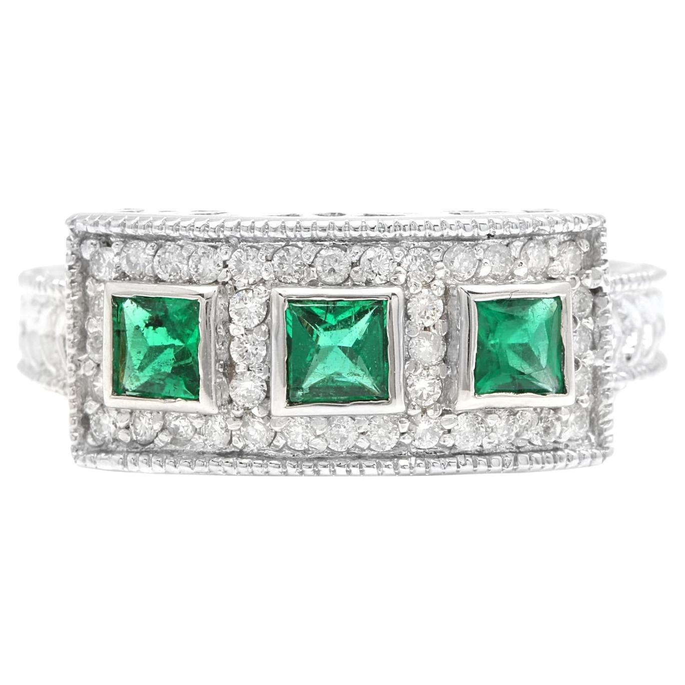 Spectacular Natural Emerald and Diamond 14K Solid White Gold Ring For Sale