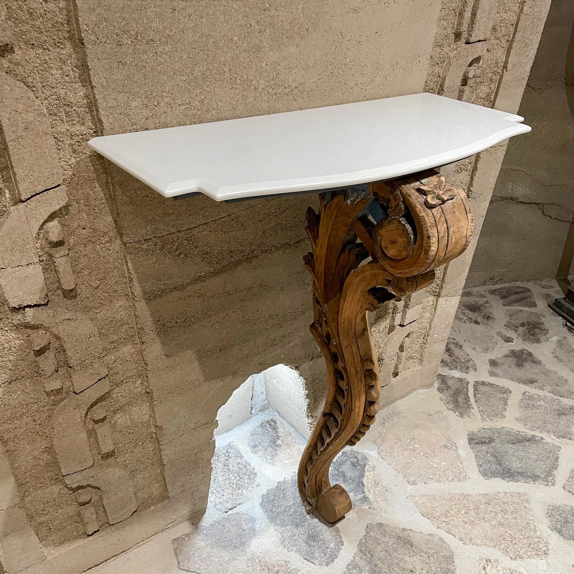 1920s Stunning White Marble Wall Mounted Console Sculptural Carved Wood Mexico In Good Condition For Sale In Chula Vista, CA