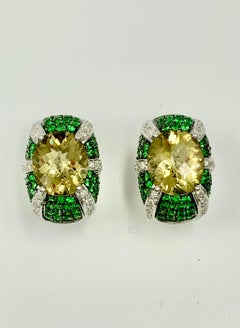 Spectacular Oval Diamond, Tsavorite Garnet, Lemon Quartz 14K White Gold Earrings