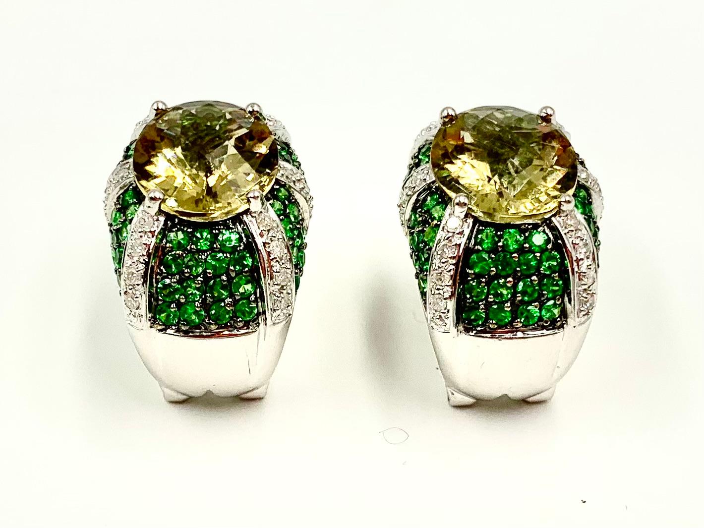 Modern Spectacular Oval Diamond, Tsavorite Garnet, Lemon Quartz 14K White Gold Earrings For Sale