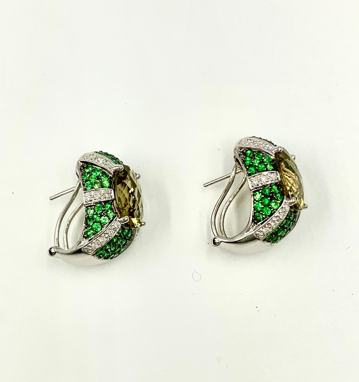 Mixed Cut Spectacular Oval Diamond, Tsavorite Garnet, Lemon Quartz 14K White Gold Earrings For Sale